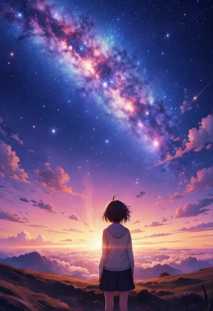 mlkwglx, Milky Way galaxy, stars, detailed photo depicting a serene, ethereal scene at sunset. The central figure is a young woman with shoulder-length brown hair, standing on a grassy hill. She is dressed in a white hoodie and a short blue skirt, giving her a casual yet mysterious appearance. Her back is to the viewer, facing an expansive, star-studded sky. The sky is a vibrant blend of deep blues, purples, and oranges, with a prominent, glowing Milky Way stretching across the upper portion. The Milky Way is rich with stars, some twinkling brightly, and others faintly scattered, creating a mesmerizing cosmic display. The horizon is bathed in a warm, golden glow, indicating the setting sun, and wispy clouds are scattered throughout the sky, adding texture and depth to the scene. A prominent streak of light, possibly a shooting star or a meteor, cuts through the sky from the top left to the bottom right, adding a sense of wonder and awe to the image. The overall mood is peaceful and contemplative, with the woman's solitary presence accentuating the vastness and beauty of the natural world.