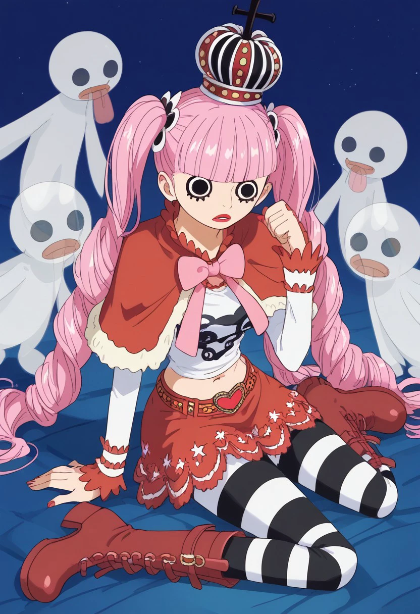 score_9, score_8_up, score_7_up, source_anime, rating_safe, PeronaOP, pink Perona twintails, black Perona eyes, Perona makeup, Perona ghost, Perona crown, 1girl, female focus, anime screencap, red Perona fur-trimmed capelet, pink Perona bow, black-white Perona midriff, black-white Perona pantyhose, red-white Perona skirt, white-red Perona long sleeves, red-yellow Perona belt boots