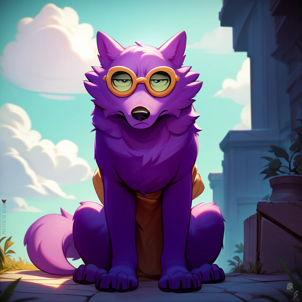 score_9, score_8_up, score_8, furry, wolf, purple fur, purple body, glasses, cartoon style, smooth lines, countershading, soft shading, 2d, extreme detail, 4K, high definition, high resolution, feral, sitting, looking at viewer, unamused expression, outside, cloudy