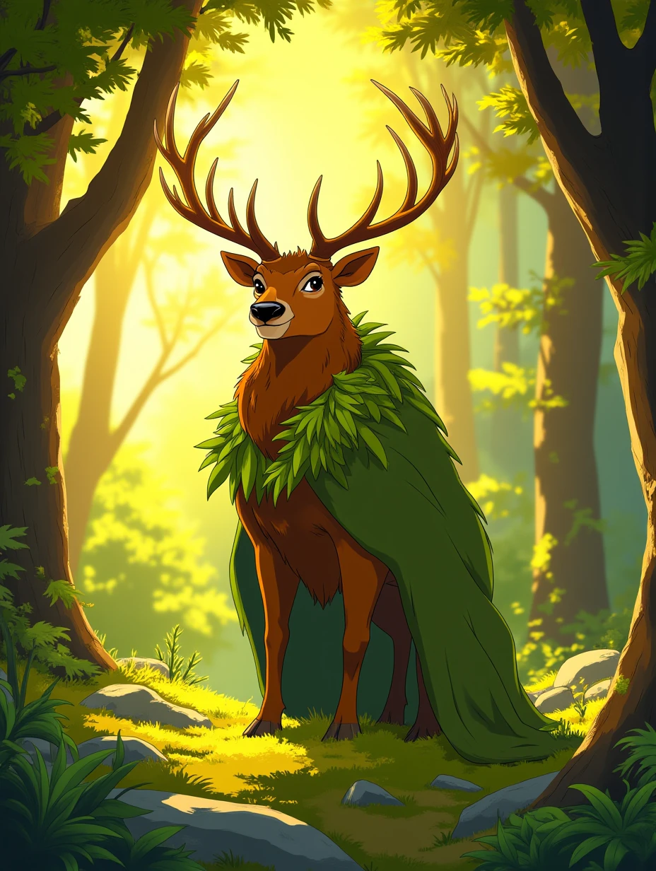 A regal stag-man with majestic antlers, his fur a deep brown, wearing a cloak of green leaves, standing tall and proud in a clearing, with the rays of the setting sun filtering through the trees, casting a warm golden light over the scene, as a gentle breeze stirs the leaves