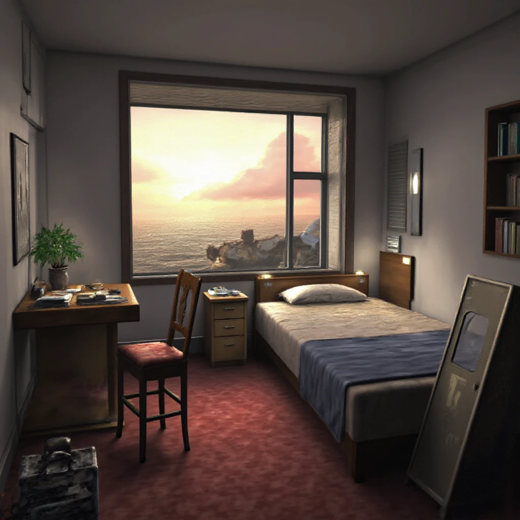 ff8bg artstyle of a little cozy bedroom. Typical room of a male teenager with a bed and desk full of books and other objects, with a window showing a beautiful sky and some trees, with some warm rays of sun coming through it. 3D CG render in 4K, with highest settings of Unreal Engine 5.