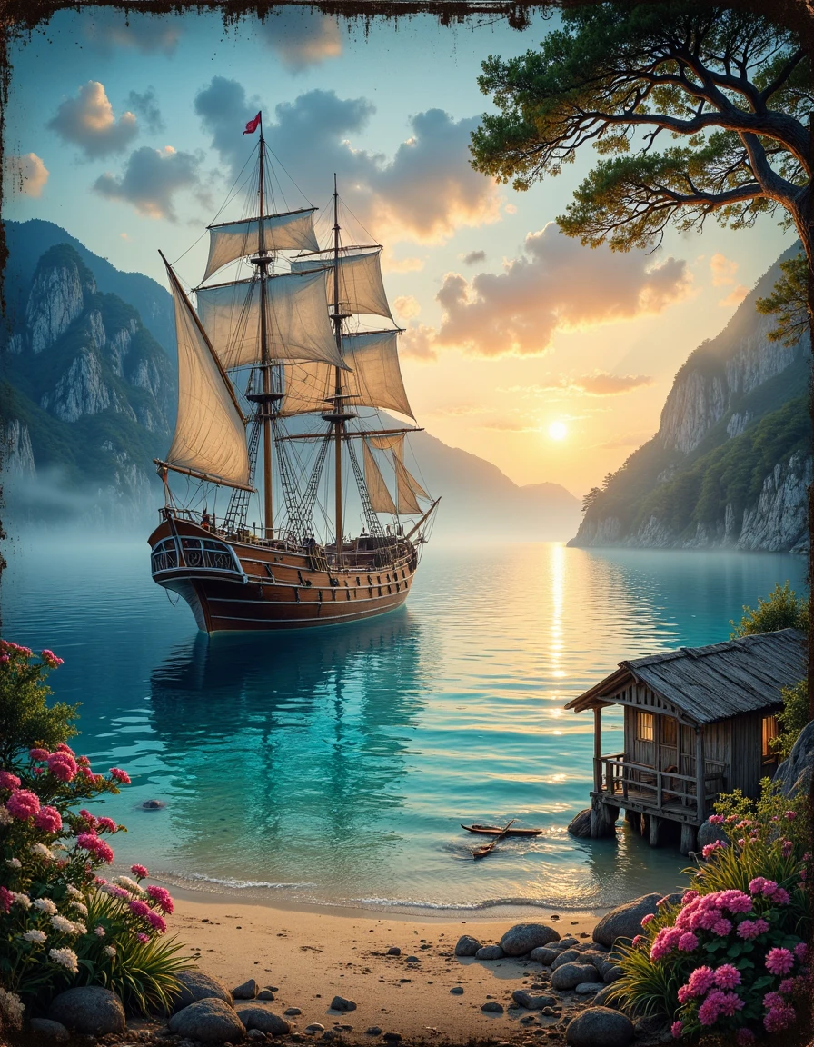 Grunge style a sailing ship,in a lagoon,cristal clear water,fisherman's hut on ground,sunset,fog atmosphere,blue light,colorful,romanticism art,(landscape art stylized by Karol Bak:1.3),short lighting,F/1.8,extremely beautiful,distressed,vintage,dirty,noisy,flowers,trees,<lora:CreArt-lora_epoch_5:1>