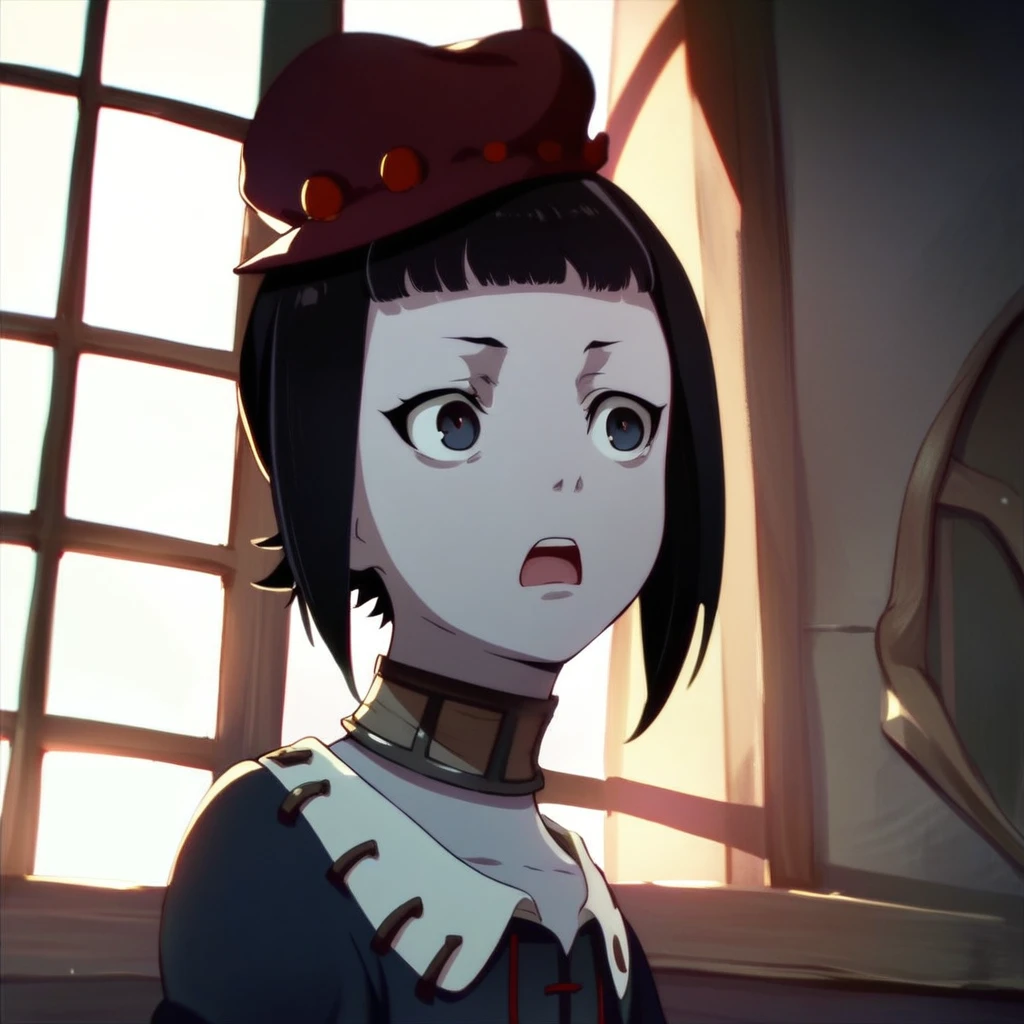 score_9, score_8_up, score_7_up, rita, shingeki no bahamut genesis, 1girl, solo, short hair, window, black hair, choker, dress, hat, upper body, black eyes, open mouth