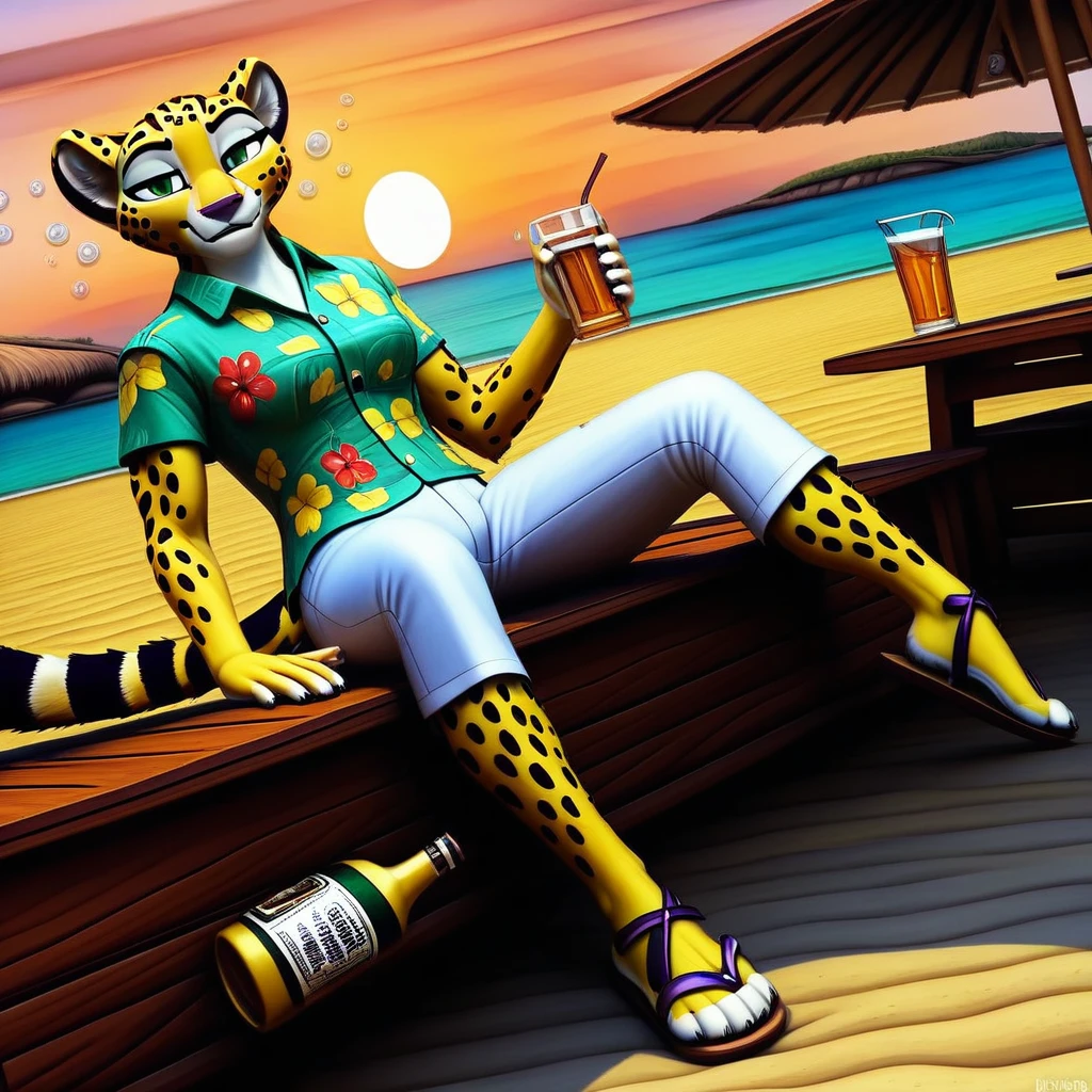 (((Barefoot furry character, full body, cinematic setting, furry female, anthro, plantigrade))), (((Fuli))), cheetah girl, in a (((yellow Hawaiian shirt))) with green or purple pattern, a luscious bust, wearing white pants, silver bracelets, silver anklets, feet towards the viewer, feet POV, (((wearing sandals))), dynamic pose, smile, drinks whiskey, (((drunk))), sleepy, sitting on the bench on the beach, near beach bar, (((sunset))), (((outdoors))), focus on feet paws, (((dutch angle))), BREAK, intricate details, highly detailed, extreme detail, octane render, fine art, best quality, highres, (detailed face:1.5), ((full_body)), UHD, (((perfect hands))), low light, anime