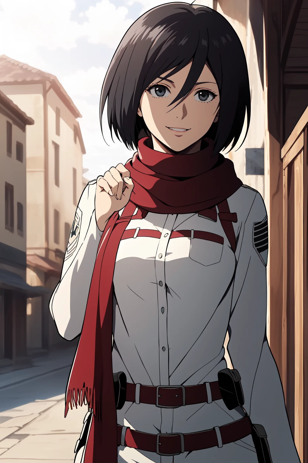 (RAW photo, best quality), 1girl,  natural lighting, outdoor, light smile,
 <lora:aot_mikasa_young_v1_2:0.9> aot_mikasa, paradis uniform, red scarf,