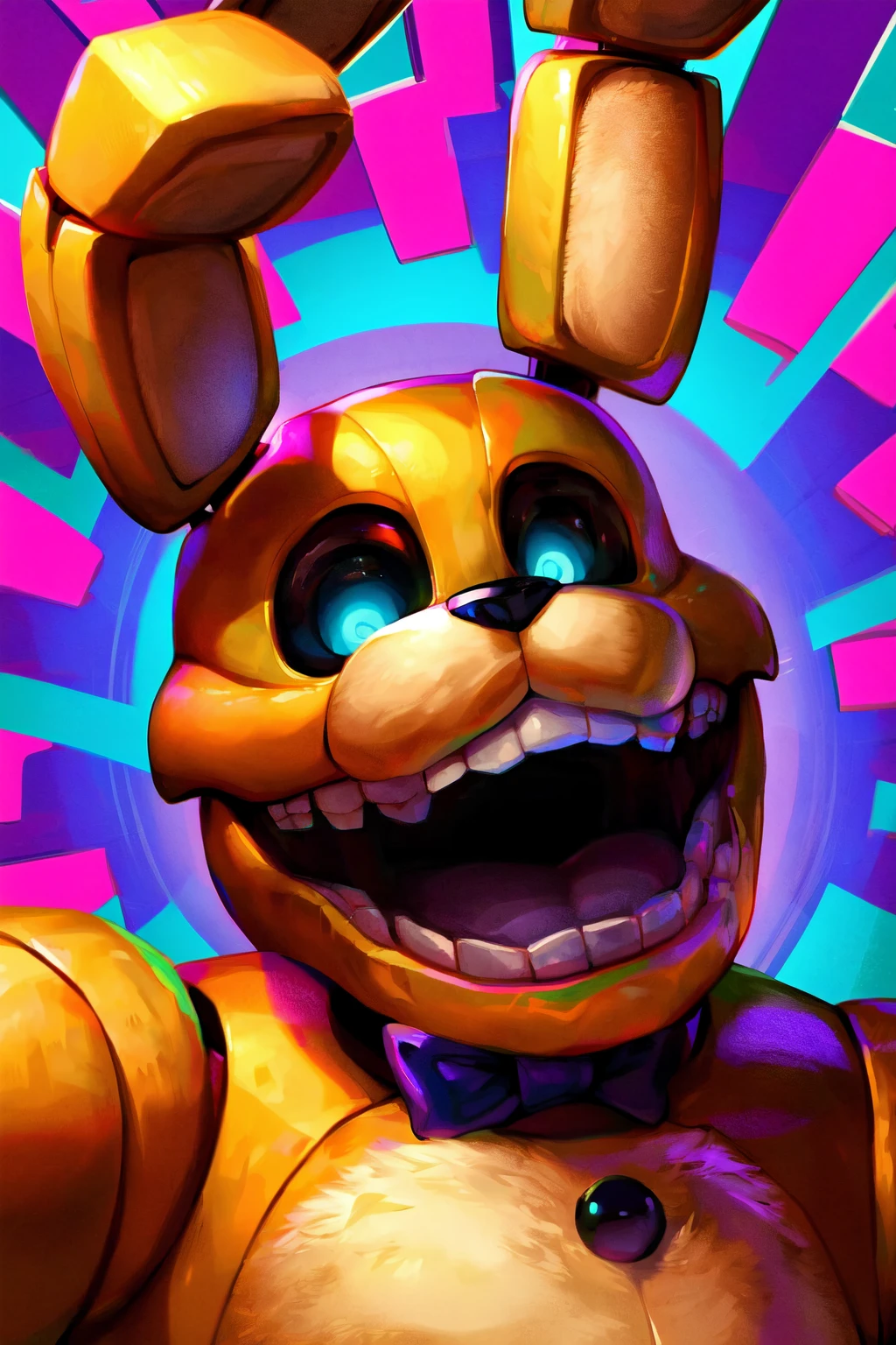 (pitbonnie), FNAF, open mouth, rabbit, upper body, blue eyes, glowing eyes, purple bow, solo, bright background, detailed, looking at viewer, (masterpiece, best quality:1.3), hi res, absurd res, 4k, detailed eyes, perfect anatomy, by null-ghost <lora:add_detail:0.75> <lora:PitBonnie-v1:0.9>