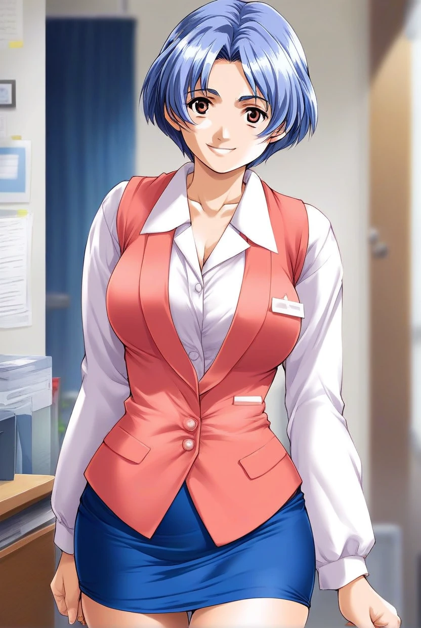 score_9, score_8_up, score_7_up, source_anime, rating_explicit, BREAK  <lora:Shiraishi_Momoko_XL:1> ShiraishiMomoko, blue hair, short hair, large breasts, brown eyes, solo,
skirt,  office lady, smile, vest, shirt, pencil skirt, long sleeves
smile,
looking at viewer, 
cowboyShot,