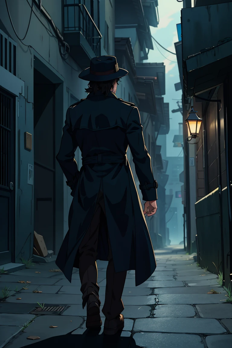 A side-view of an anime detective in a dark alley, wearing a trench coat and fedora. His hair is short and tousled, and he looks intently at a clue on the ground.