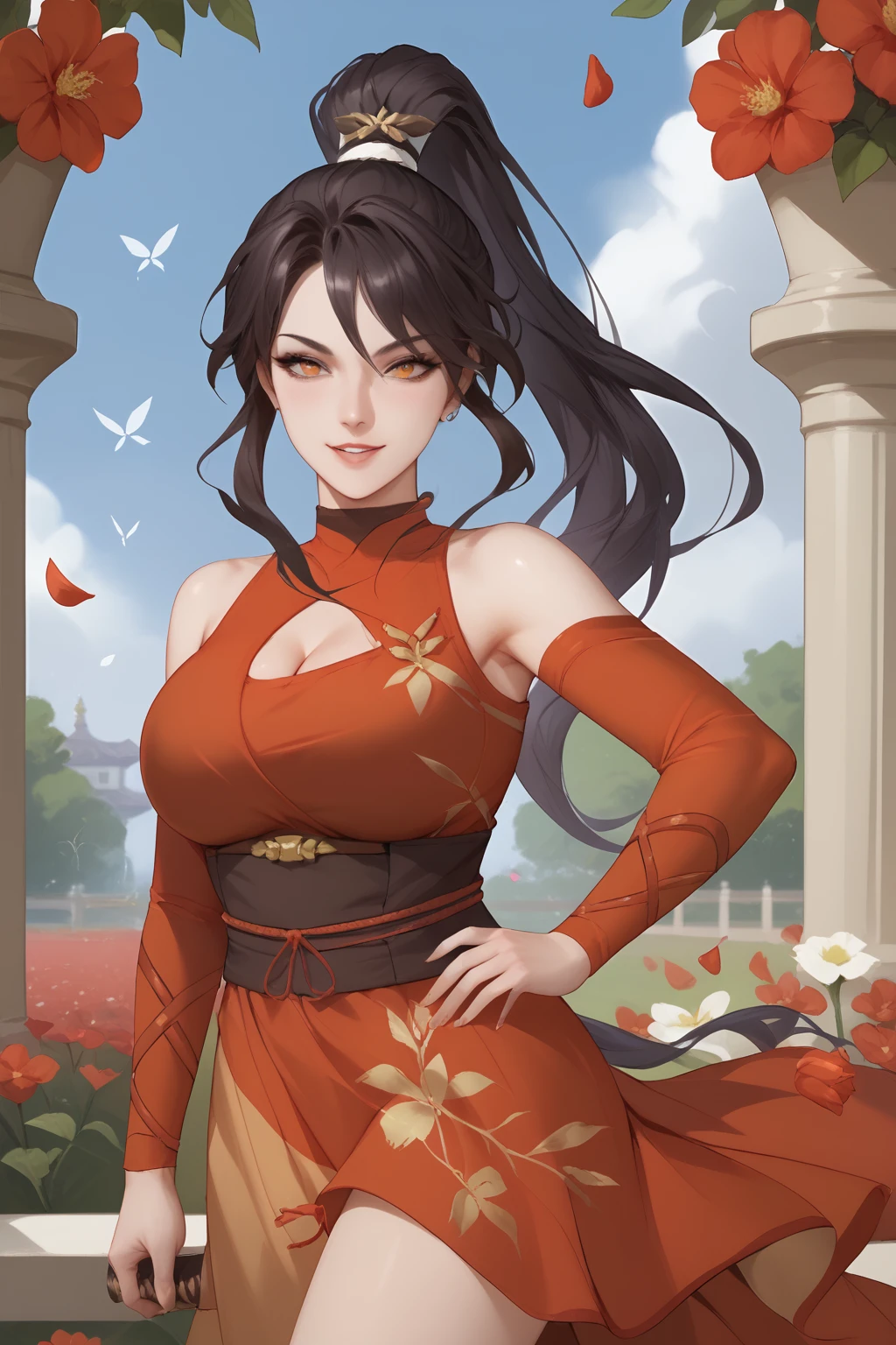 ran hong xia, black hair, long hair, high ponytail, red hair ribbon, orange eyes, cleavage, red summer dress with high slit,
(nsfw), (uncensored), (score_9), score_8_up, score_7_up, source_anime, cowboy shot, dynamic pose, Happy, Smile, Parted Lips, blush, ashamed, shy, sexy, charming, alluring, seductive, enchanting, erotic,
((outdoors)), ((flower garden)), ((flowers)), ((many flowers)), spring petals, petals of flowers, spring, falling petals, flying butterflies<lora:EMS-460651-EMS:1.000000>