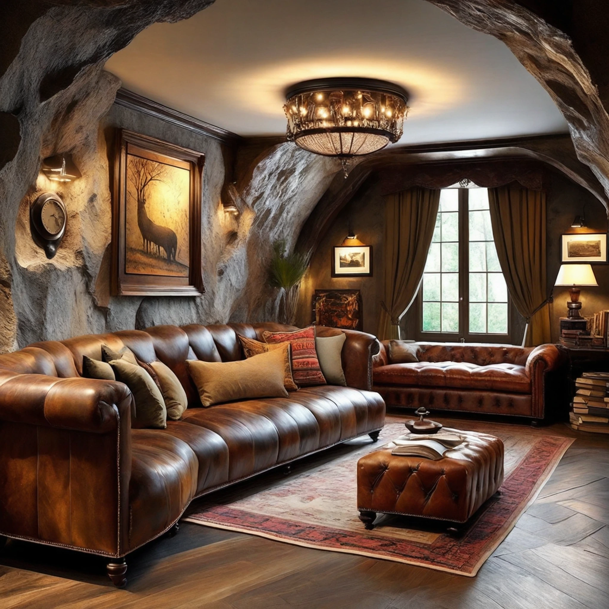 FRESHIDEAS Cave home,Design an English-style cave interior space. The cave walls are **** of natural stone with deep brown wooden wainscoting,creating a warm and rustic atmosphere. The room features deep-colored leather sofas,a large wooden dining table in the center with high-back chairs,and antique wooden cabinets. The floor is covered with dark wood or marble tiles. The space is lit by metal chandeliers and antique bronze wall sconces,casting a warm,inviting glow. The walls are adorned with classic hunting-themed paintings and an old-fashioned clock. A cozy reading nook is set near the cave's natural window,with a comfortable armchair and bookshelves. Add Persian rugs and vintage textiles with plaid or floral patterns to enhance the traditional English aesthetic. The overall mood is cozy,elegant,and slightly mysterious,blending the cave's natural features with traditional English design elements.,