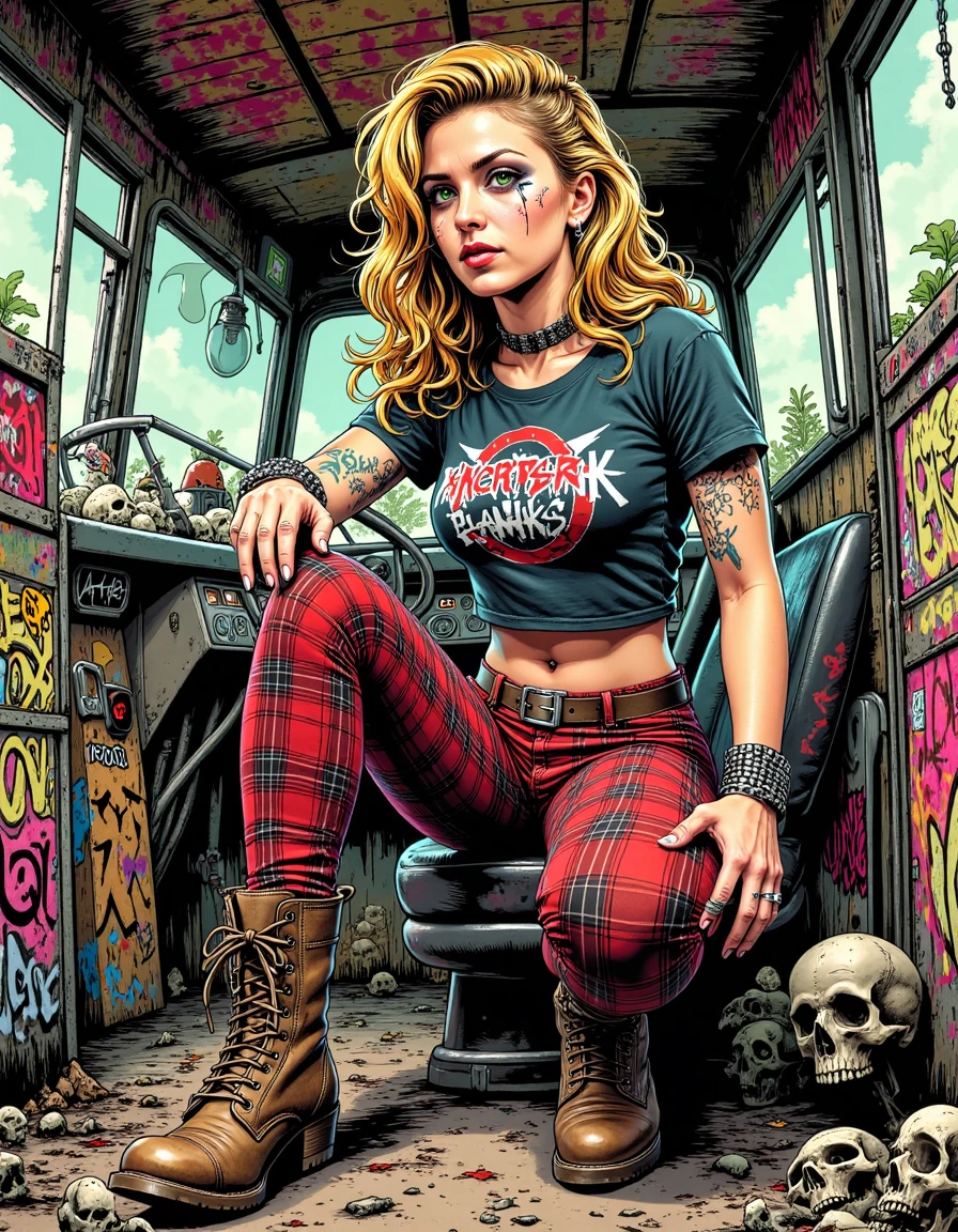 Horror-themed comic Grunge style Fighting game style illustration,(lovely punk) young  woman,french,bright green eyes,light skin,slim build,wearing a vintage rock band t-shirt,tartan leggings,combat boots covered in graffiti,fiery mullet haircut,ear piercings,eyebrow piercing,smudged eyeliner,adorned with safety pins and tiny skulls,studded belt,leather studded cuff bracelet,set in a guerrilla-style punk bus,converted from a rugged bus and fortified with steel reinforcements,chain-link fencing,and graffiti-clad barricades,e . Dynamic, vibrant, action-packed, detailed character design, reminiscent of fighting video games . Textured, distressed, vintage, edgy, punk rock vibe, , noisy . graphic illustration, comic art, graphic novel art, vibrant, highly detailed . Eerie, unsettling, dark, spooky, suspenseful, grim, highly detailed,<lora:CreArt-lora_epoch_5:1>