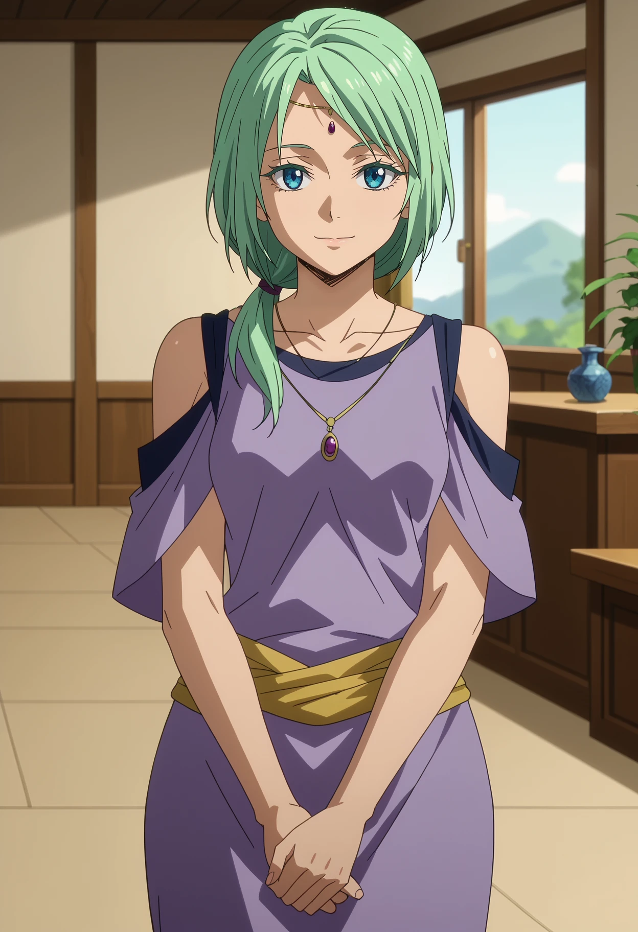 score_7_up, anime screencap,
<lora:TenSura_MyulanXL:0.9>, MyulanTS,
1girl, solo, closed mouth, light smile,
low ponytail, green hair, blue eyes, circlet,
purple dress, shoulder cutout, necklace, yellow sash,
standing, looking at viewer, own hands together,
blurry background, indoors