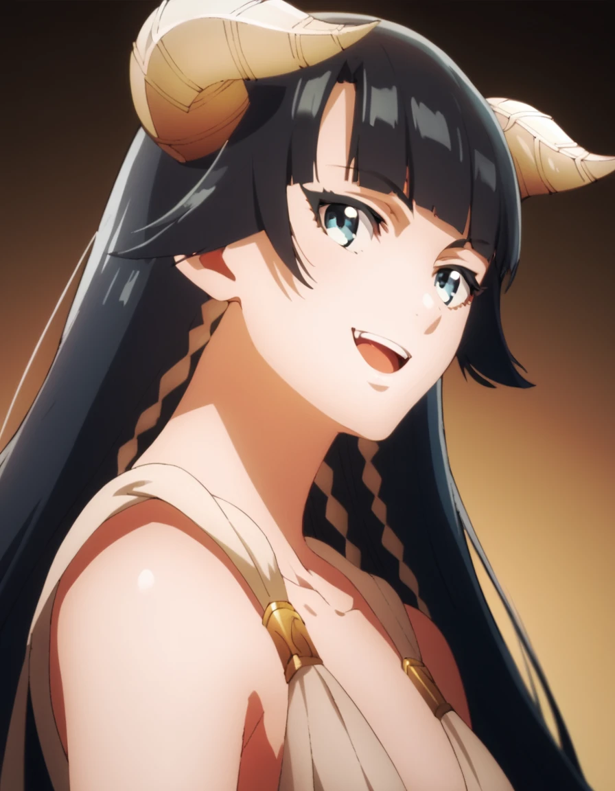 score_9, score_8_up, score_7_up, score_6_up, score_5_up, score_4_up, source_anime, , Saphir, long hair, blue eyes, black hair, blunt bangs, horns, , dynamic pose, smile