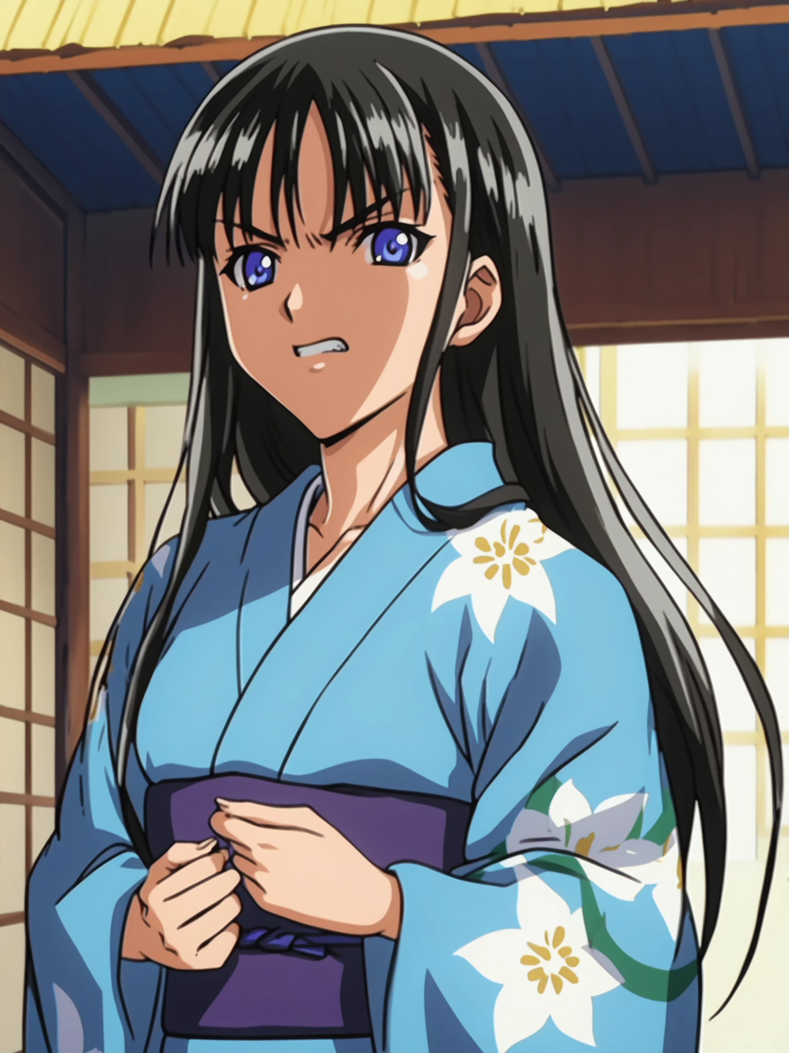 <lora:happy_tentacle-asa-v0.3:1>, ht_asa, yukata, blue kimono, japanese clothes, floral print, summer festival , 1girl, solo, portrait , , ( angry , smile :1.1), looking at viewer , score_9, score_8_up, score_7_up, score_6_up, score_5_up, score_4_up