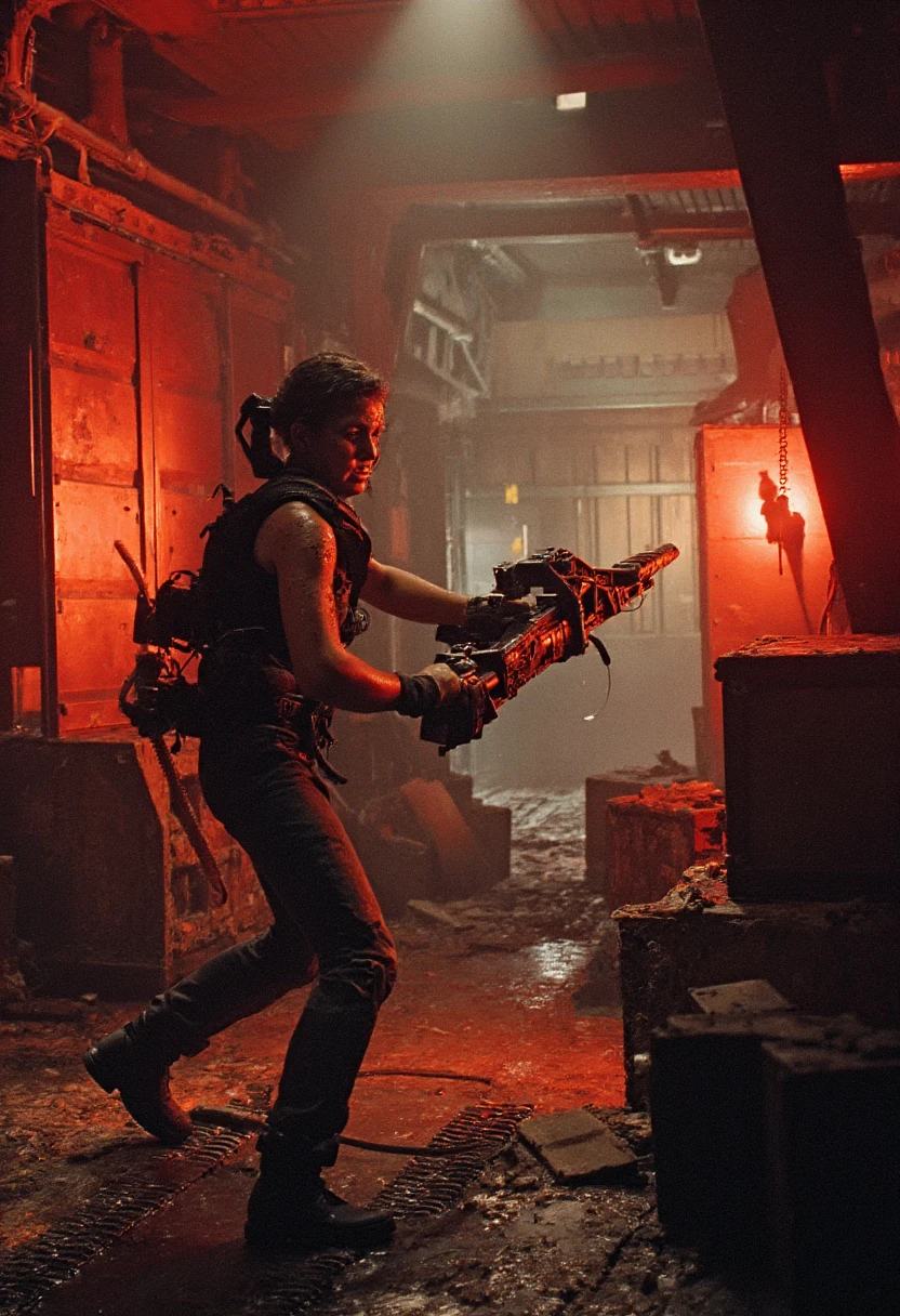 In the cavernous cargo bay of a doomed space freighter, a lone Colonial Marine makes a desperate last stand with the M56 Smartgun, brought to life in a dramatic, photorealistic style. The massive bay is filled with the wreckage of cargo containers and shattered machinery, casting long, jagged shadows across the floor. The Marine, battered and bloodied, braces herself behind a barricade of crates, her Smartgun leveled at the entrance to the bay. The harsh red glow of emergency lights bathes the scene, heightening the sense of impending doom as the distant, echoing screeches of Xenomorphs draw closer. The photorealistic detail emphasizes the chaos and destruction around her—the sparks flying from damaged conduits, the pools of spilled fuel, and the smears of acid burns on the floor. The Marine’s face, streaked with dirt and desperation, is a study in resolve as she grips the Smartgun, ready to unleash its full fury when the creatures burst through the door. The scene captures the tension of a final, hopeless battle where survival seems impossible, but the Marine’s determination remains unshaken