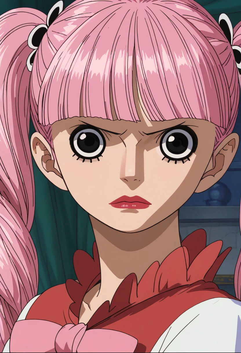 score_9, score_8_up, score_7_up, source_anime, rating_safe, PeronaOP, pink Perona twintails, black Perona eyes, Perona makeup, 1girl, female focus, anime screencap,