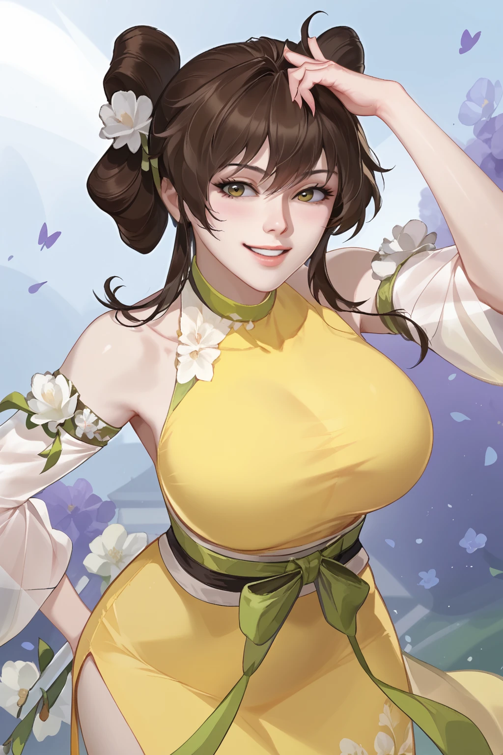 huang ying, brown hair, long hair, sidelocks, hair buns, yellow halter neck dress, dress with slit, green ribbon bind waist, detached sleeves, sleeves with flower, leg ring, goldenrod shoes,
(nsfw), (uncensored), (score_9), score_8_up, score_7_up, source_anime, cowboy shot, dynamic pose, Happy, Smile, Parted Lips, blush, ashamed, shy, sexy, charming, alluring, seductive, enchanting, erotic,
((outdoors)), ((flower garden)), ((flowers)), ((many flowers)), spring petals, petals of flowers, spring, falling petals, flying butterflies<lora:EMS-450395-EMS:1.000000>