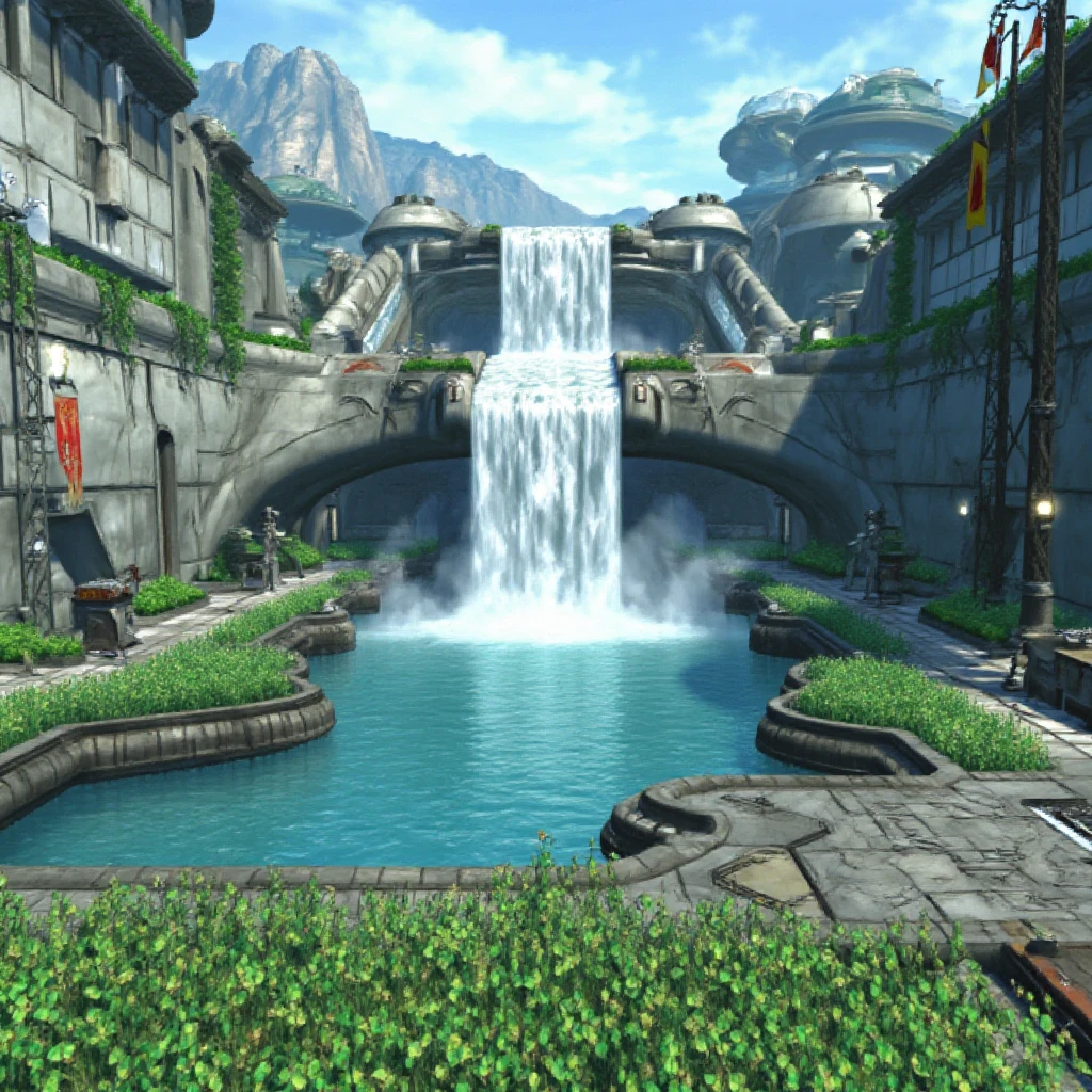 ff8bg artstyle of a beautiful countryside with a pond and lush vegetation under a waterfall