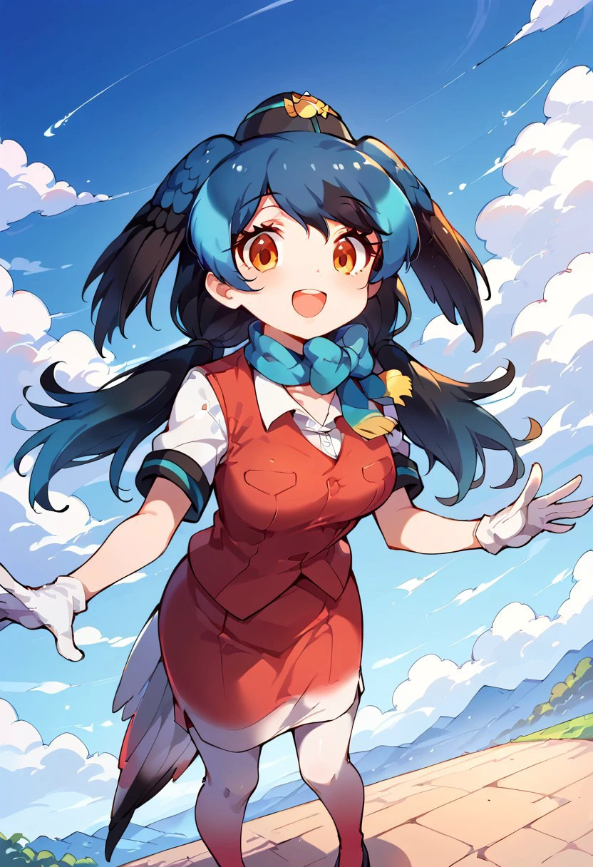 1girl, ((solo)), best quality, ultra-detailed, extremely detailed, perfect anatomy, masterpiece, score_9, score_8_up, score_7_up, Expressiveh, passenger pigeon (kemono friends), multicolored hair, blue hair, black hair, head wings, bird tail, bangs, orange eyes, long hair, twintails, red vest, white shirt, short sleeves, white gloves, red skirt, gradient skirt, hat, garrison cap, gradient legwear, pantyhose, scarf, pencil skirt, blue bowtie, black heels, standing, smiling, happy, staring at viewer, blue skies background, clouds, open mouth smile, dutch angle, closeup,