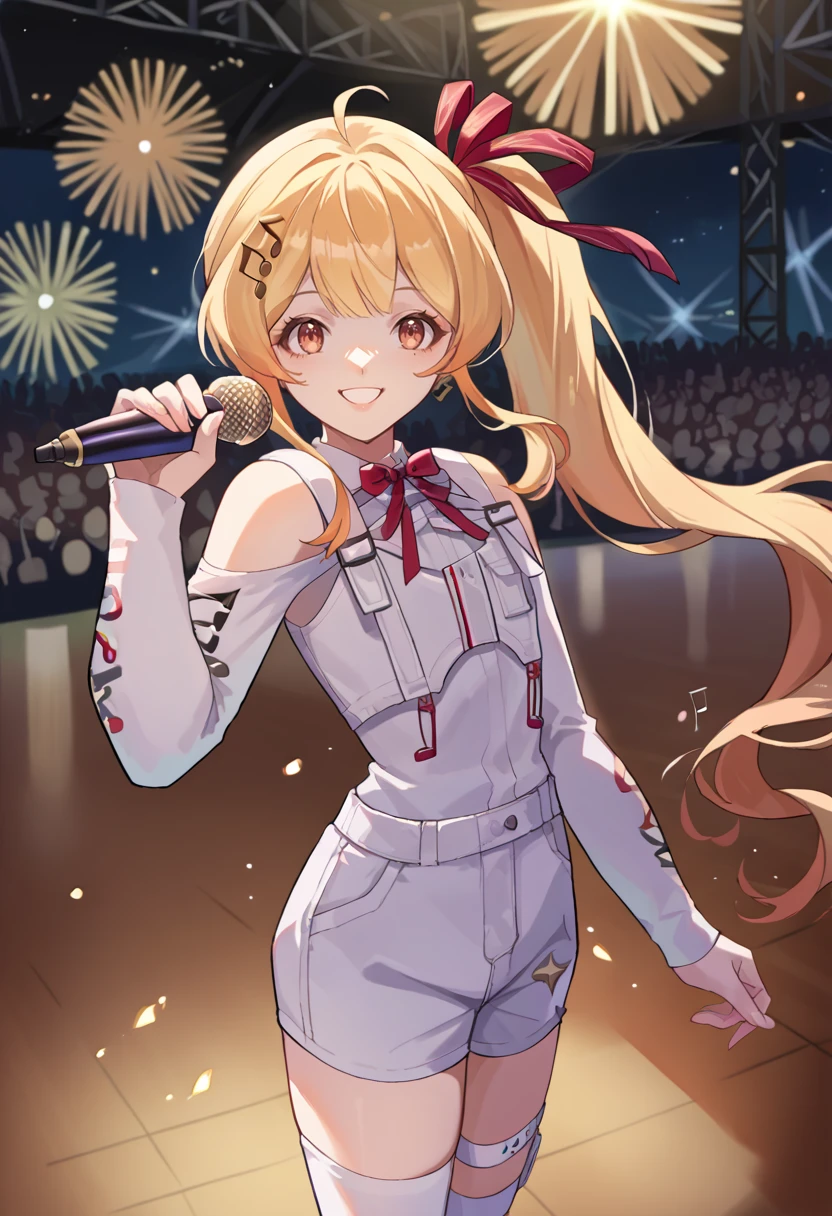 score_9, score_8_up, source_anime, 1girl, solo, KanadeRegloss, long hair, side ponytail, hair ribbon, musical note hair ornament, red bowtie, white shirt, shoulder cutout, long sleeves, white shorts, white thigh belt, on stage, stage lights, audience, smile, holding microphone, <lora:ChamOtonoseKanadePonyXL:1>