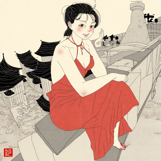 Seigo Suzuki \(Artist\), @Sei5oSuzuki, a woman in a red dress sitting on a ledge