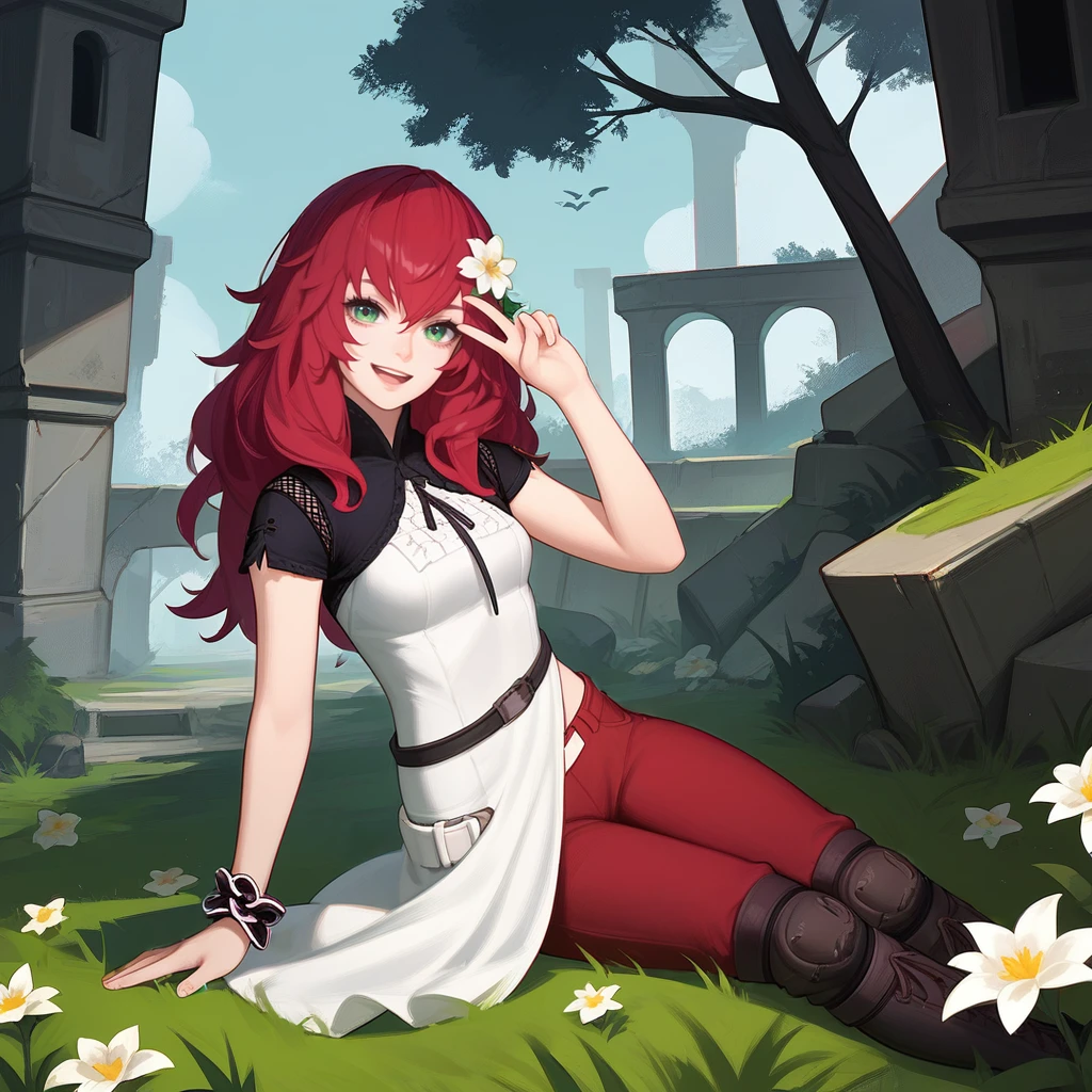 <lora:d&p:1>,1girl,solo,"devola,messy hair",red hair,green eyes,hair flower,white flower,black capelet,fishnet cutout,short sleeves,grey dress,red pants,white belt,black belt,scrunchie,knee pads,lace-up boots,
outdoors, on grass, forest, ruins, day, 
cowboy shot,kneeling,hand up,v,hand on own leg,looking at viewer,happy,open mouth,closed mouth,head tilt,smile,, score_9, score_8_up, score_7_up, perfect anatomy, source_anime, zPDXL2,