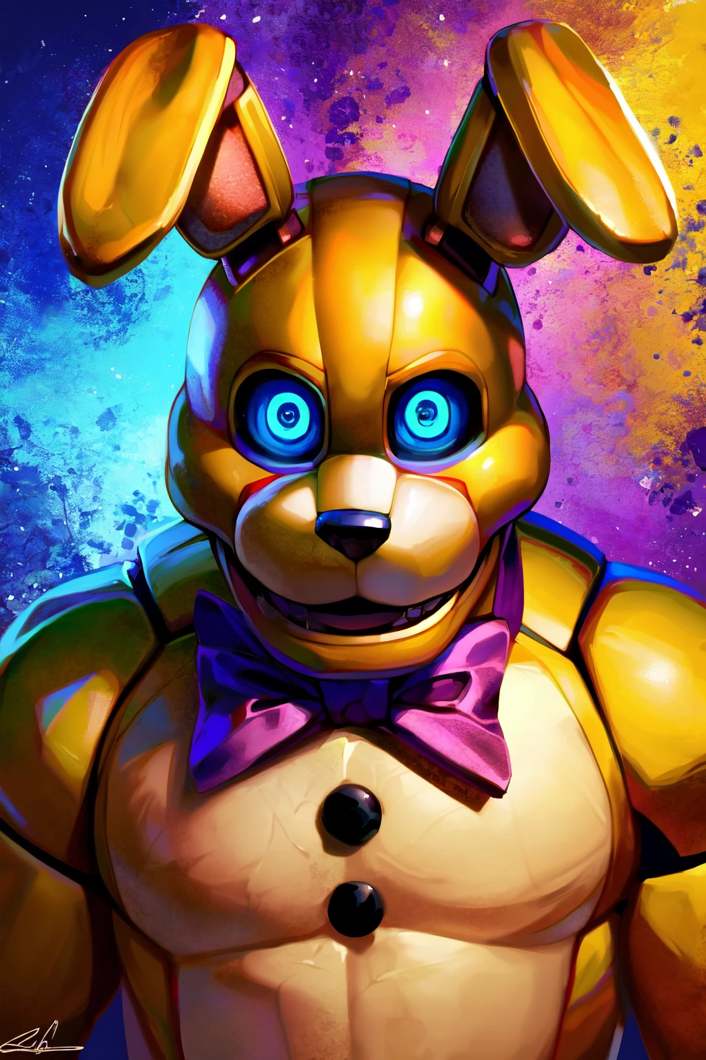 (pitbonnie), FNAF, open mouth, rabbit, upper body, blue eyes, glowing eyes, purple bow, solo, bright background, detailed, looking at viewer, (masterpiece, best quality:1.3), hi res, absurd res, 4k, detailed eyes, perfect anatomy, by null-ghost, by raccoon21 <lora:add_detail:0.75> <lora:PitBonnie-v1:0.85>