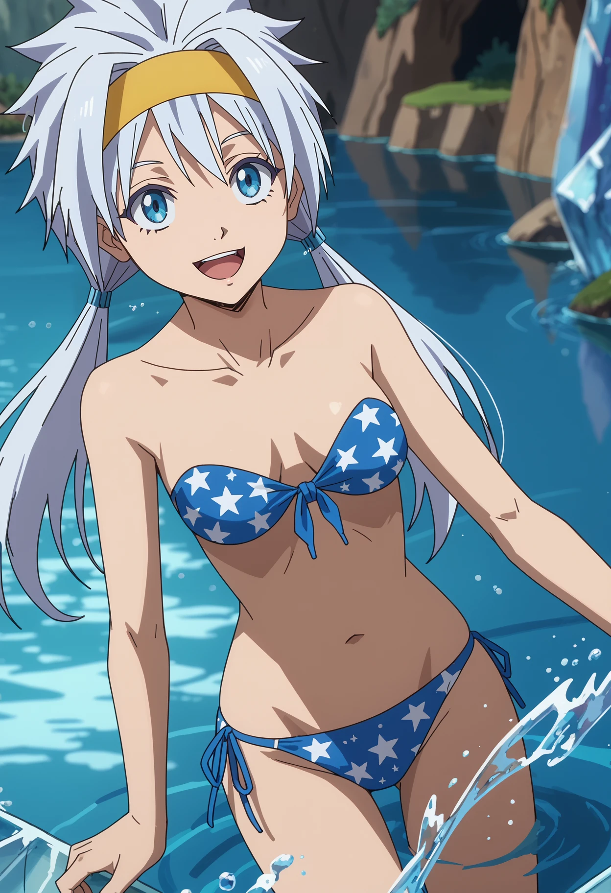 score_7_up, anime screencap,
<lora:TenSura_VelzardXL:0.9>, VelzardTS,
1girl, solo, open mouth, smile,
spiked hair, white hair, low twintails, blue eyes, yellow headband,
strapless bikini, star print, blue bikini, front-tie bikini top, side-tie bikini bottom,
standing, splash, splashing, water, partially submerged, looking at viewer,
blurry background, indoors, cave, lake, ice