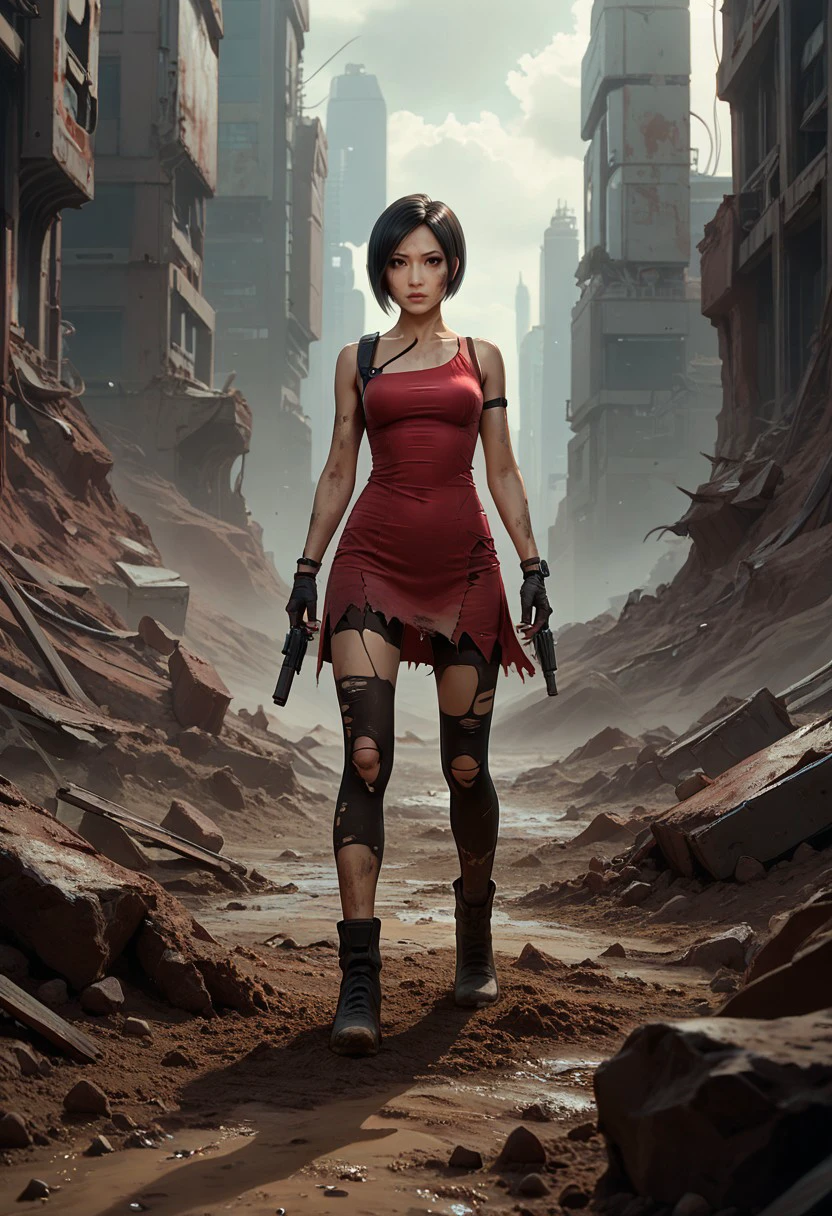 score_9, score_8_up, score_7_up, score_6_up, flux-scenery-pny, Ada Wong, cowboy shot, torn dress, dirt, science fiction, alien landscape background