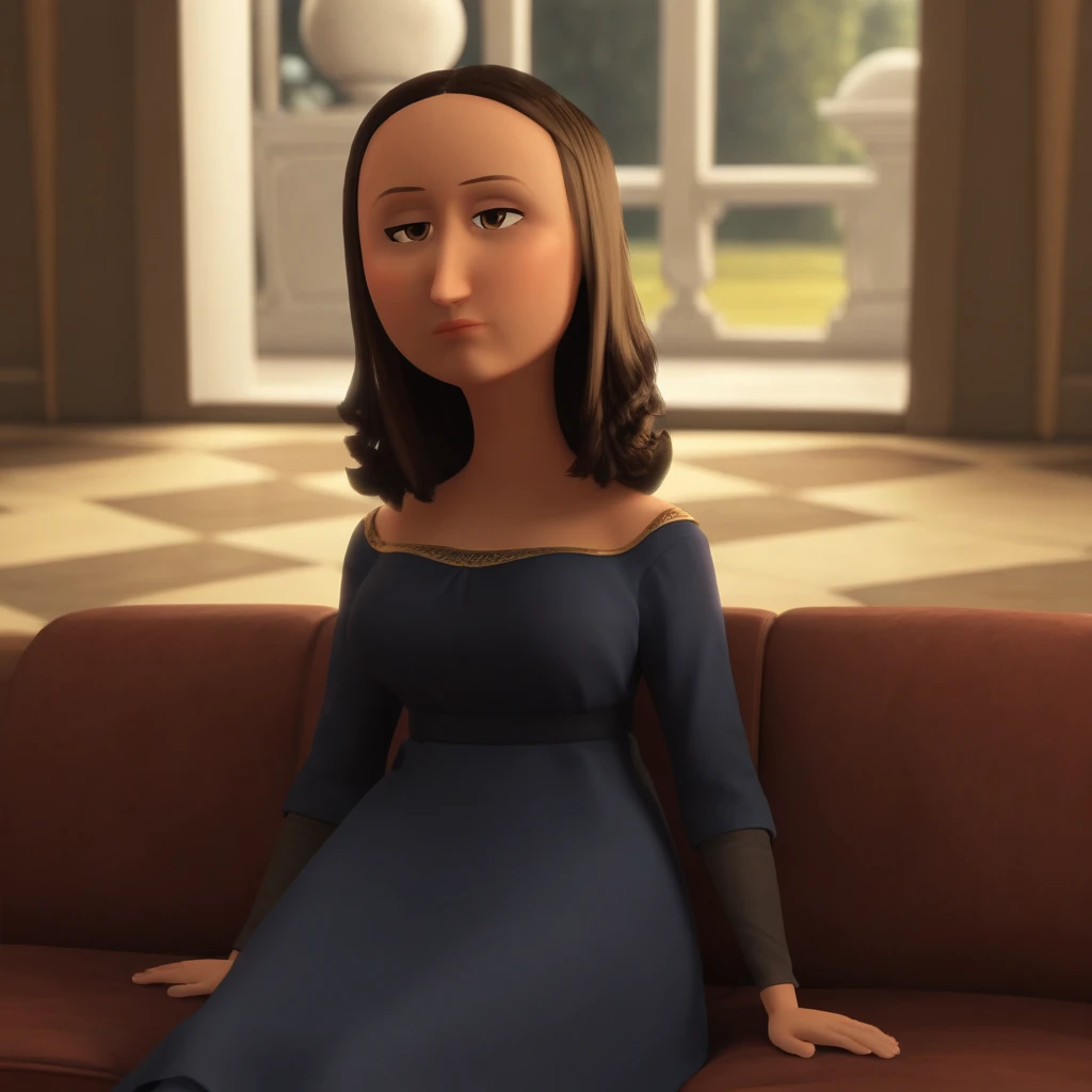 score_8_up, BREAK, monalisa, 1girl, solo, brown hair, brown eyes, dress, on couch, sitting, indoors,  <lora:MonaLisa_MrPeabodyAndSherman_PXL_Leaf1:0.8>,