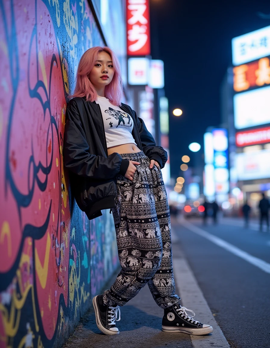 Changpant, elephant-patterned pants, teenage girl,pink pastel hair, model pose,styled with a graphic t-shirt, bomber jacket, and high-top sneakers, leaning against a graffiti-covered wall in Shibuya. The camera is at eye level, capturing the urban vibe with colorful street art and bright city lights in the background. . <lora:Thai_Elephant-patterned_pantsFlux:1.0>