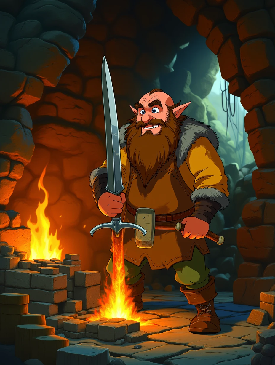 A rugged dwarf with a bushy brown beard, wearing a leather apron and holding a hammer, standing in front of a blazing forge, shaping a glowing sword, with sparks flying and the air thick with the smell of smoke and molten metal, in a cavernous underground workshop