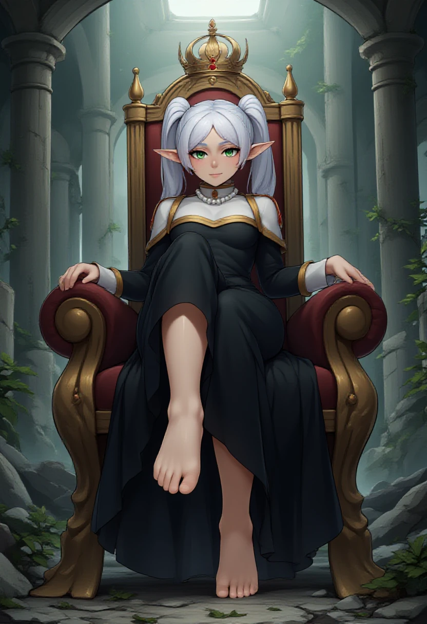 zzCitronCAT, feet, barefoot,
nereirfpnxl, frieren, elf, pointy ears, green eyes, white hair, twintails, black dress, 
head tilt, sitting on throne, huge throne, oversized throne, ruins, abandoned castle, crown, pearl necklace