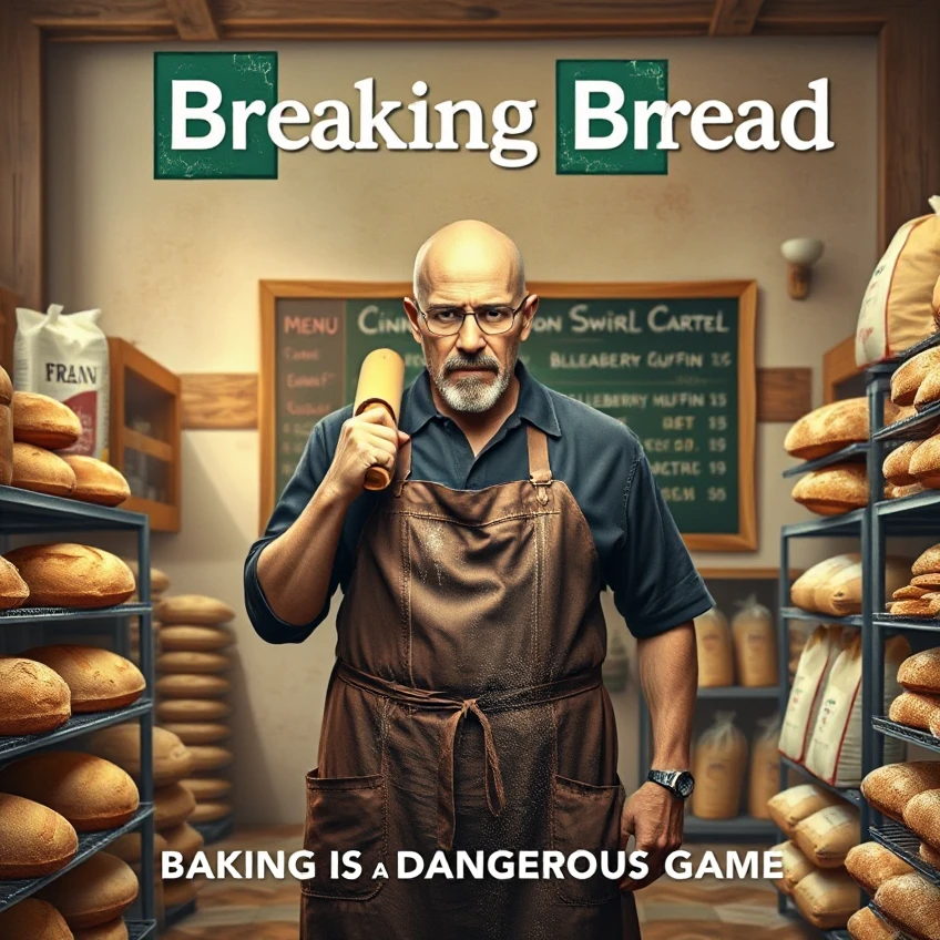 A TV show poster for a parody series titled "Breaking Bread," playing on the name of the famous show Breaking Bad. The poster features a stern-looking baker in a flour-dusted apron, with a rolling pin slung over his shoulder like a weapon. He stands in the middle of a rustic bakery, surrounded by stacks of bread loaves, pastries, and bags of flour, all arranged to mimic the iconic desert backdrop from the original show.

Behind him, the bakery's chalkboard menu lists items like "Cinnamon Swirl Cartel" and "Blueberry Muffin Meth," hinting at the culinary chaos that’s about to unfold. The baker’s expression is intense, yet comically serious, as if he's about to take on the world with nothing but his dough and determination.

The title "Breaking Bread" is displayed in bold, stylized text at the top, with the "Breaking" in a gritty, cracked font, while "Bread" is written in warm, golden letters resembling freshly baked loaves. The tagline beneath reads, "Baking is a Dangerous Game," adding to the pun-filled humor.

The overall color scheme of the poster is a mix of warm, bakery hues with the gritty, dark tones reminiscent of the original show, blending the intense drama of Breaking Bad with the lighthearted, culinary twist of "Breaking Bread."