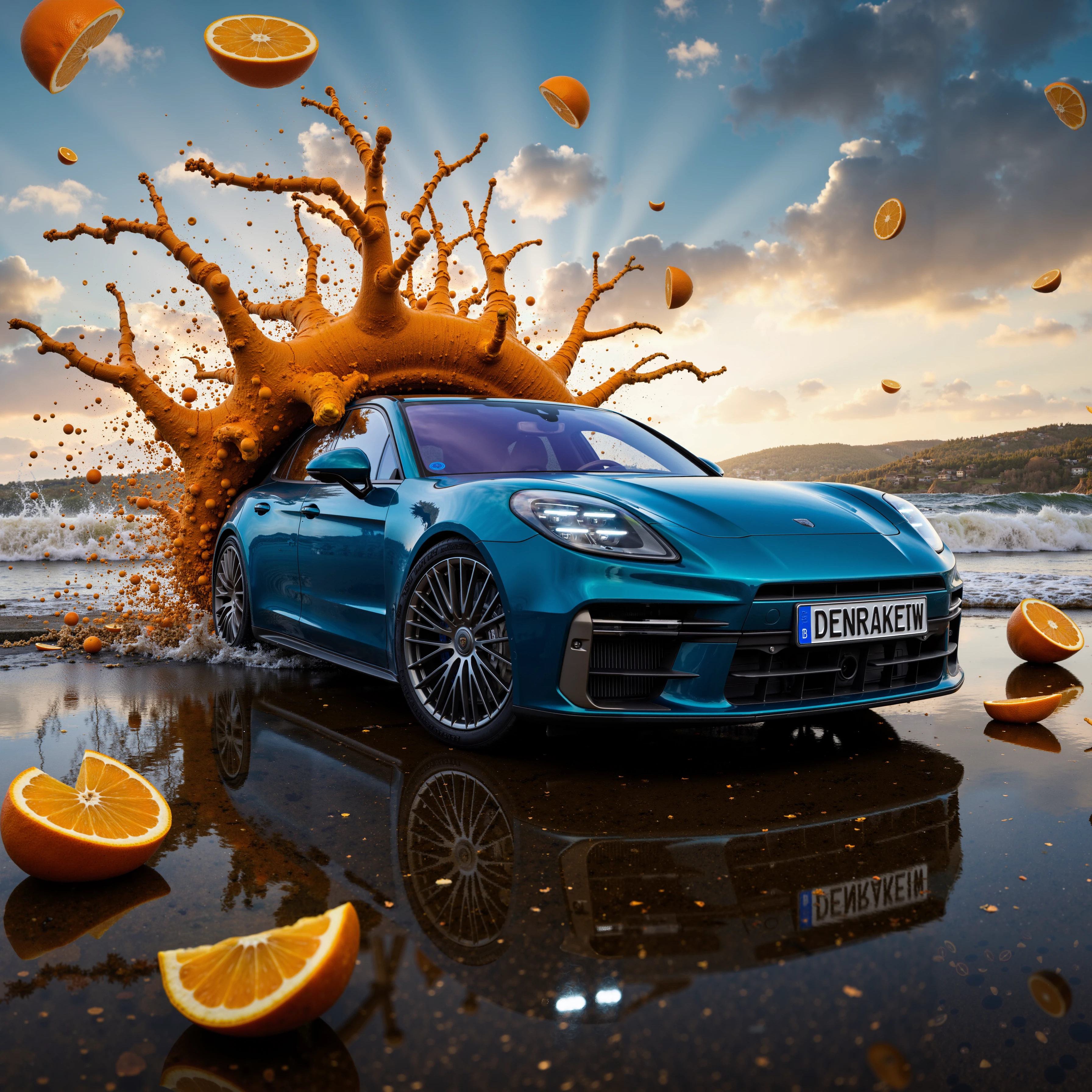 A striking Porsche Panamera Turbo E-Hybrid bursts through a surreal scene,numberplate reads DENRAKEIW,The dynamic composition features the sleek, modern Porsche in an oceanic blue shade, seamlessly blending with the bold, dream-like elements around it. A vibrant splash of water erupts from behind the car, as if the vehicle is cutting through the waves with power and precision.

Scattered orange slices and citrus peels orbit the car, adding a whimsical, fresh touch to the scene. The bright oranges contrast beautifully with the deep blue of the Porsche and the water, creating a vivid interplay of colors. The glossy, reflective surface below enhances the visual impact, mirroring the car’s polished exterior and the chaotic, energetic motion surrounding it.

The Porsche Panamera Turbo E-Hybrid stands out with its futuristic design, its sharp lines and curves highlighted by the dramatic lighting. The scene combines elements of nature and modern technology, creating a surreal, high-energy mood that showcases the Porsche in an imaginative, artistic environment.