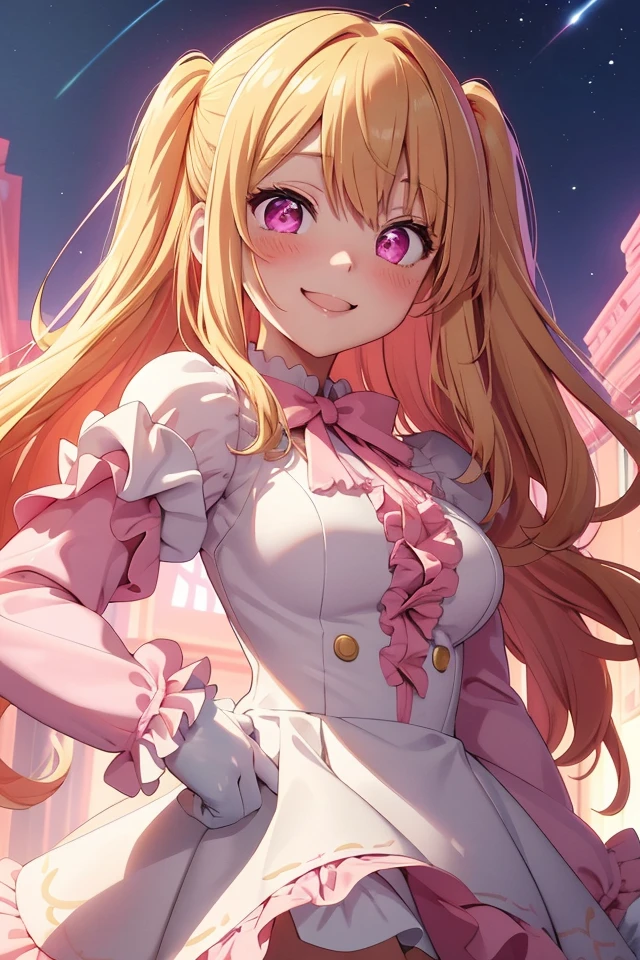 (P_Ruby_Hoshino), 1girl, solo, blonde hair, smile, bangs, shoulder length long hair, (one side up:0.5), pink eyes, star-shaped pupils, blush, looking at viewer, (White frilled dress, frilled sleeves, long sleeves, white gloves, frills),