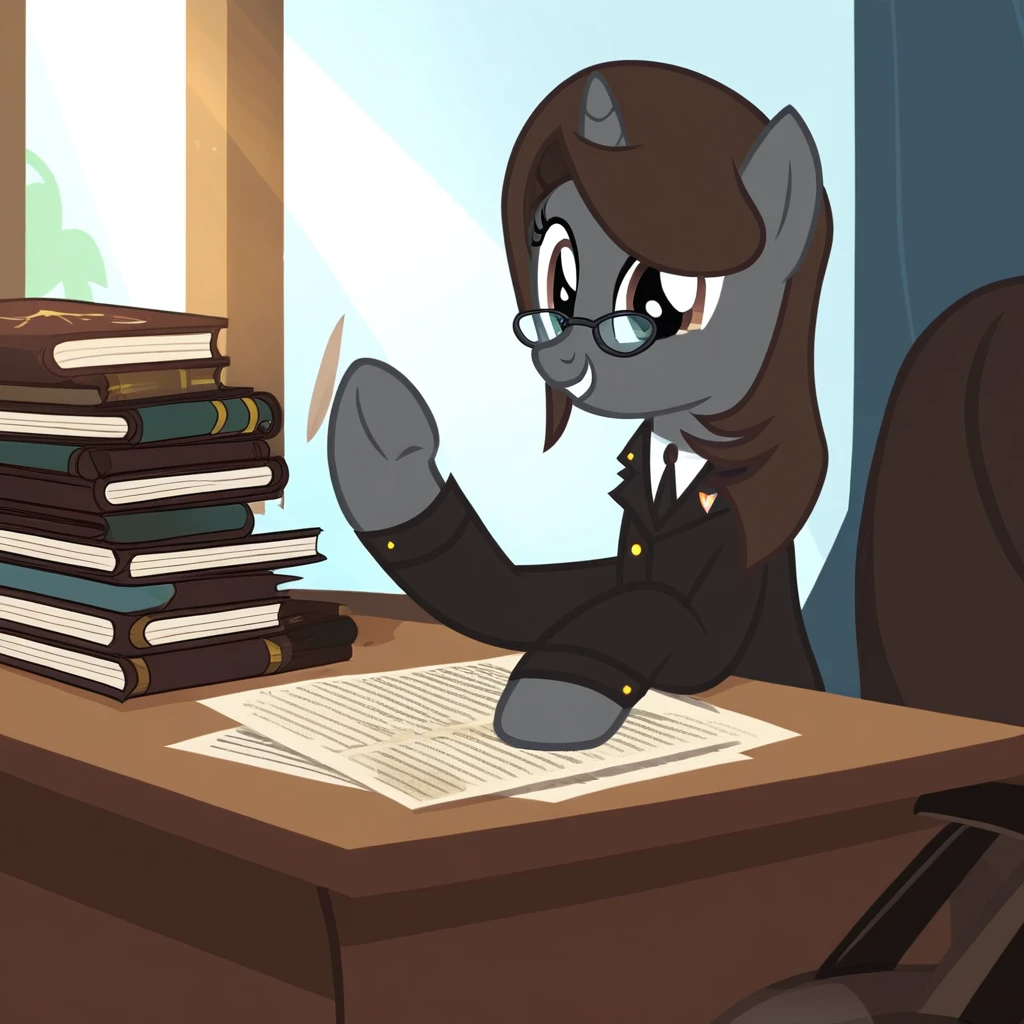 masterpiece, best quality, perfect detail, score_9, score_8_up, score_7_up, rating_safe, 1girl, oc:sonata, pony, G4, female, show accurate, office, sitting, sitting at desk, sitting in office chair, books, attorney suit, badge on collar, 1/4 view, glasses, looking at you, smiling, window, sunlight, beautiful