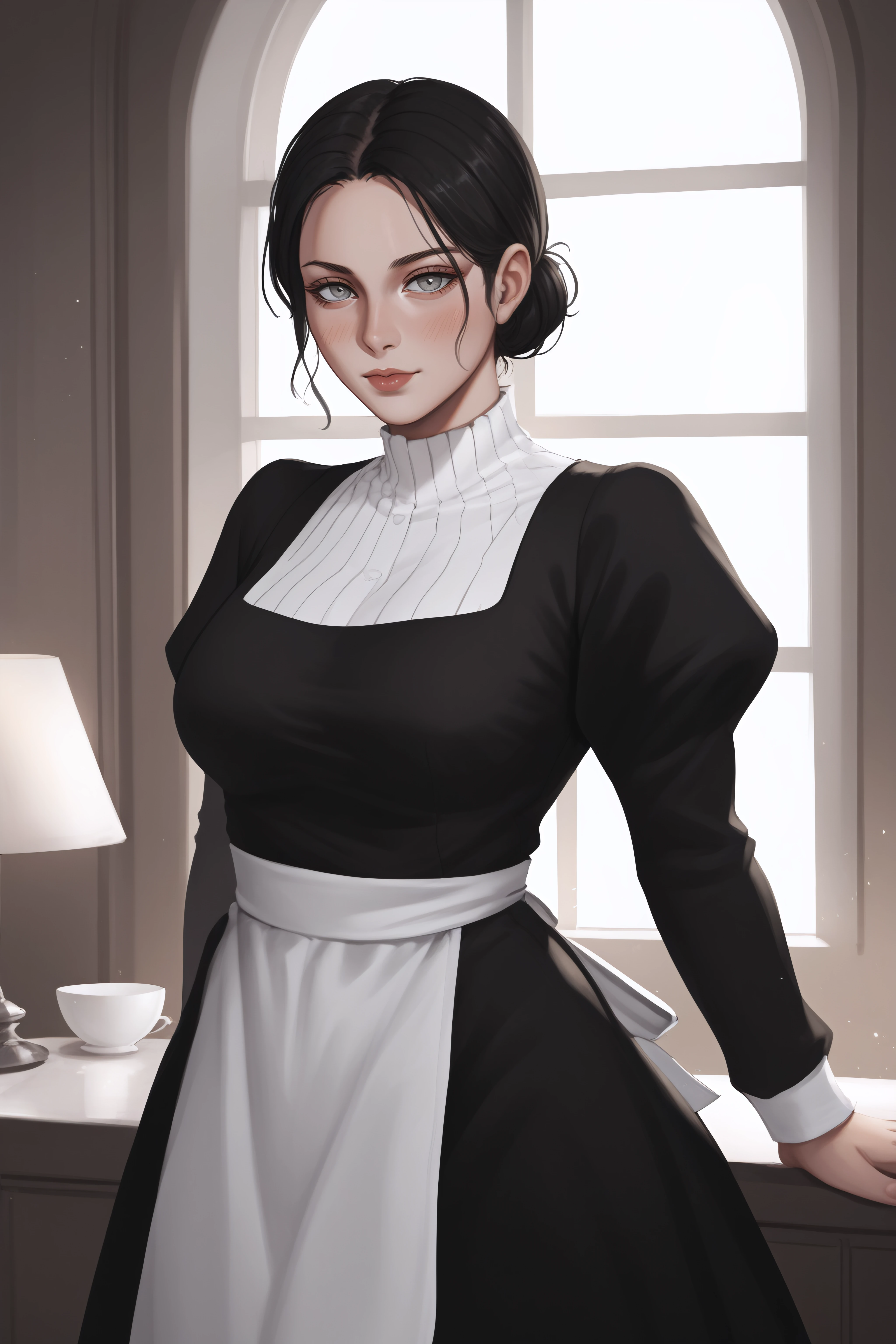 score_9, score_8_up, score_7_up, BREAK source_anime, <lora:Lara Tybur-PonyXL-lora-Faxtron:1> lara tybur, grey eyes, black hair, single hair bun, medium breasts, black dress, long sleeves, juliet sleeves, apron,