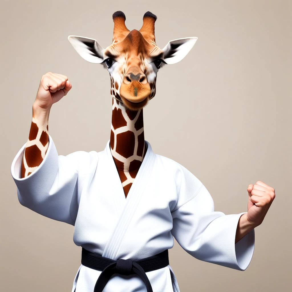 <lora:Black_Belt_SDXL:0.5>, karate outfit with his fist raised up for taking picture, black sash, martial arts belt, FPCH, hzup, upper body, fang, open mouth, clenched hand, giraffe