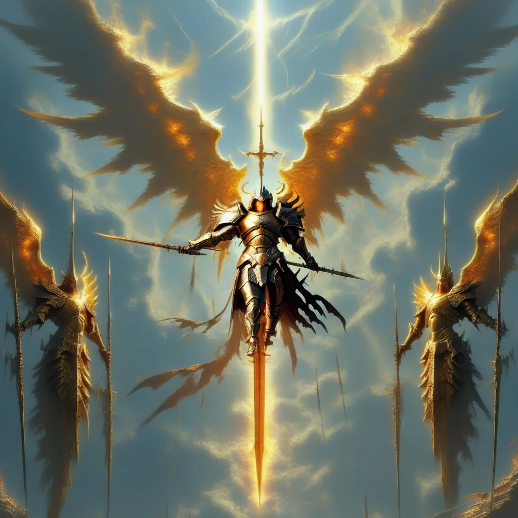 the character is a gigantic armored angel holding fire swords descending from the sky in front of an gold armored angel army holding fire spears and golden shields, landscape format, infernal art in good quality. concept art, Michelangelo and Dark Fantasy style, absurdres, high res, ultrasharp, 8K, masterpiece, (Masterpiece: 1.4), (Best quality: 1.4), cinematic lighting