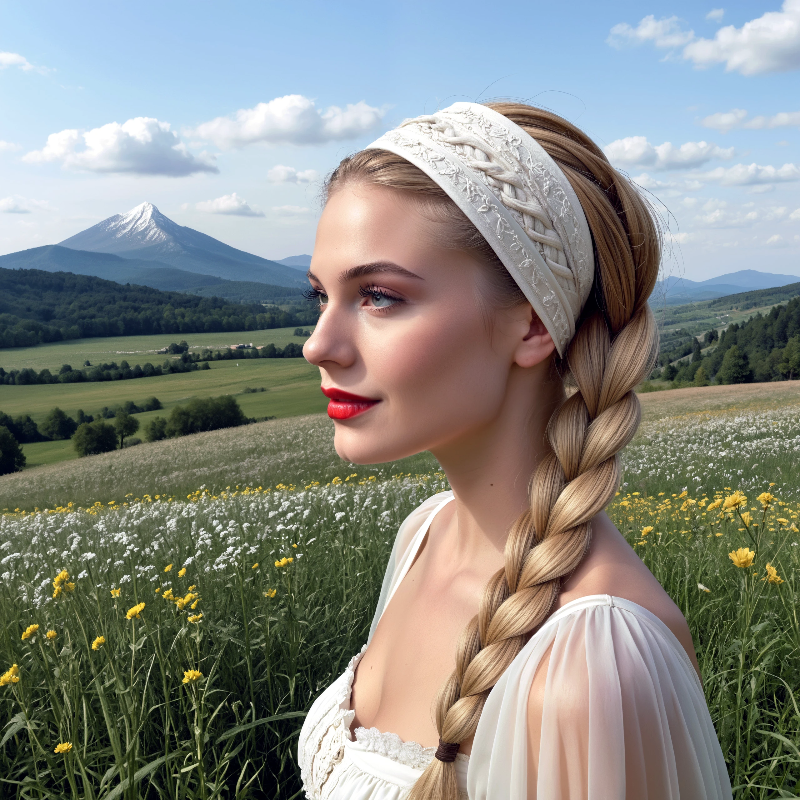 a beautiful  woman, pale skin, red lipstick, dark eyeshadow, very long hair, blonde hair, (braid hair:1.2), (big hair:0.9),

h41rb4nd, wide-hairband, (large hairband:1.1), dirndl, 

detailed face, detailed eyes, (slightly smile:0.75), 

outdoor, flowers, mountain, grass, clouds, alps, 

from slightly side, 