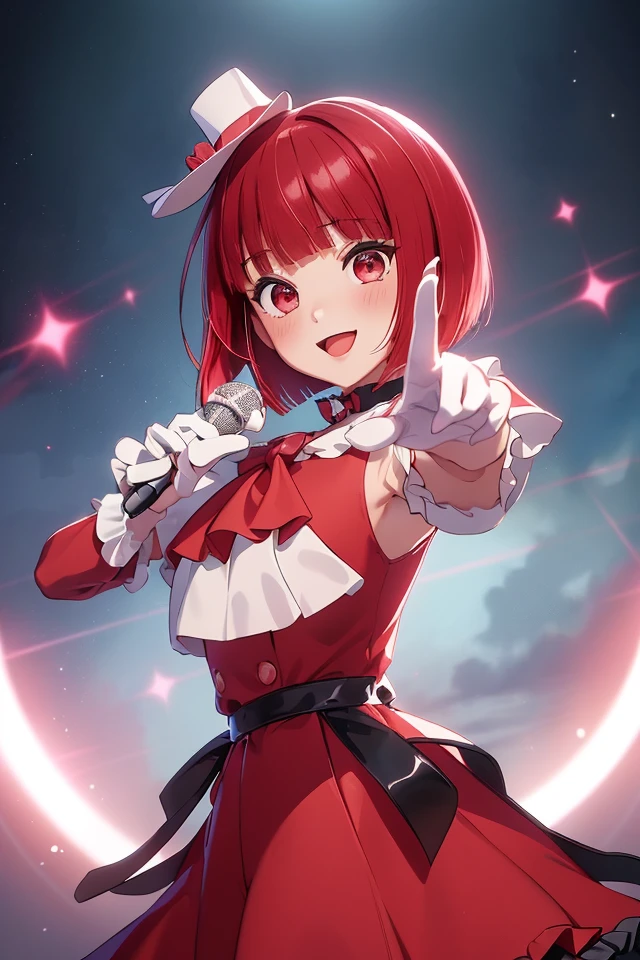 (P_Kana_Arima), 1girl, solo, red eyes, red hair, looking at viewer, short hair, blush, bangs, bob cut, smile,
(red frilled dress, black frilled sleeves, white long sleeves, white gloves, frills), little white hat,ãmagical stage background,
Holding a microphone in her right hand, perfect hands,