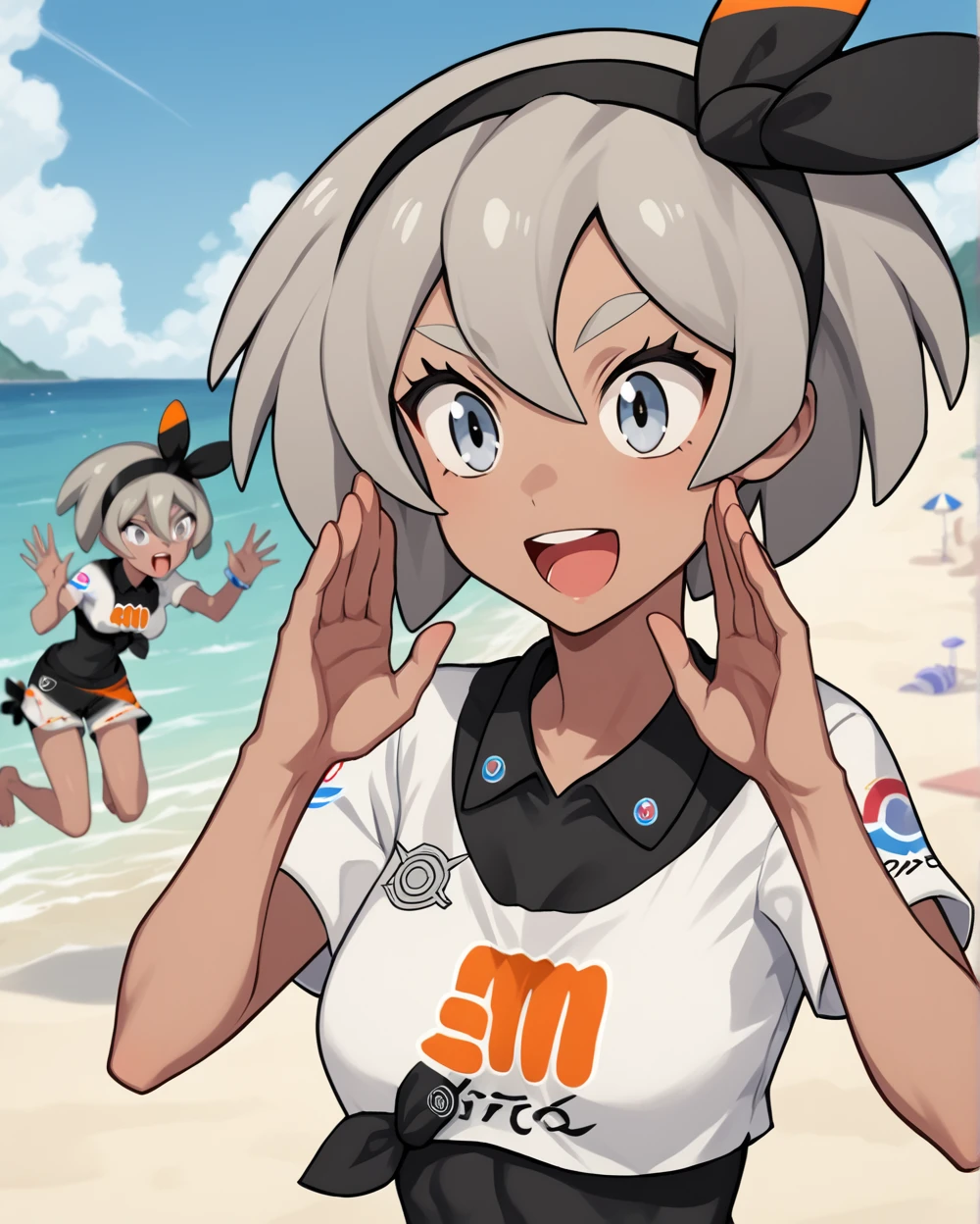 score_9, score_8_up, score_7_up, source_anime BREAK 1girl, bea (pokemon), solo, beach, two hands up, open mouth, smile, beach, grey hair, short hair, hairband,  grey eyes, dark-skinned female, <lora:Hand_up_calling_outshouting:1>, upper body, medium breasts, perky breasts, rating_questionable