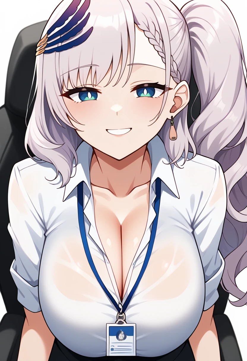 1girl, pavolia reine, hololive indonesia, 
long hair, silver hair, wavy hair, side ponytail, feather hair ornament, blue eyes, large breasts, white shirt, collared shirt, cleavage, miniskirt, black skirt, lanyard, seductive smile, 
office chair, office lady, white background, 
score_9, score_8_up, score_7_up,
<lora:reine-pony:1>