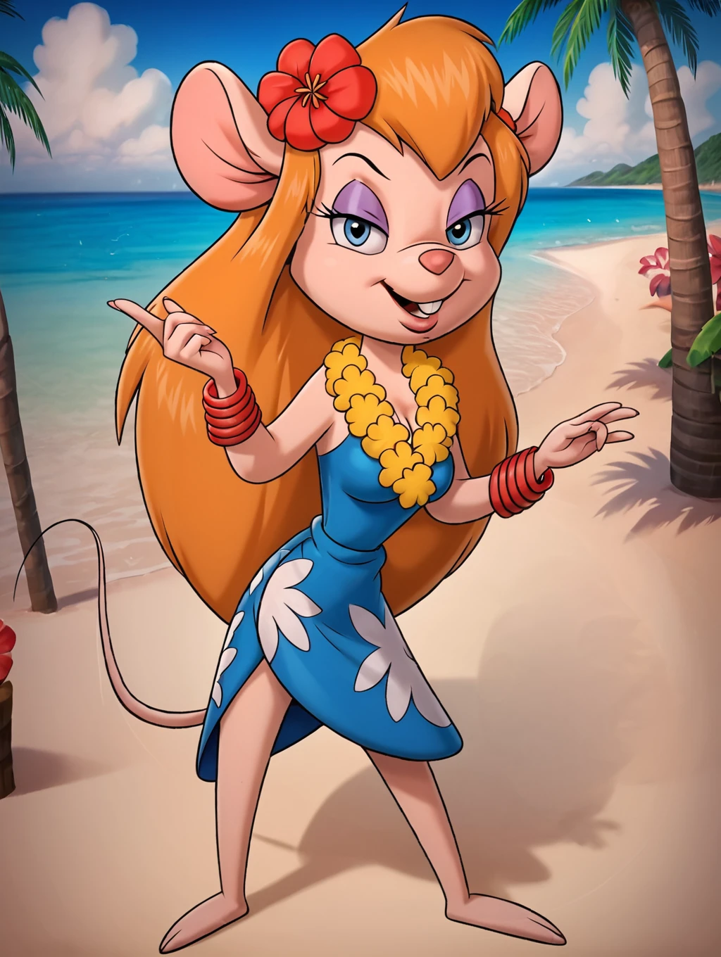 score_9, score_8_up, score_7_up, toon \(style\),ultra high quality,ultra high resolution,ultra ,full body, seductive, very realistic,(extremely detailed), detailed background,,(masterpiece, best quality, high quality, highres, ultra-detailed),toon (style), flat color, narrow waist,full body,perfect eyes,long eyelashes,bedroom eyes,seducing,(flirting with viewer:1.3),,full body, long legs,barefoot, hawaian beach, <lora:Lahwinie_Chip_n_Dale_Rescue_Rangers:0.9> lahwinie, mouse girl, orange hair, long hair, beige fur, purple eyeshadow, blue eyes, bracelet, yellow flower necklace, hair flower, blue dress, white flower pattern, hawaiian dress, buck teeth, long eyelashes,medium breasts,tall, playing with own hair,cleavage,beachside,high detailed buck teeth,perfect buck teeth,