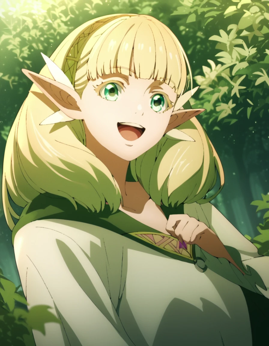 score_9, score_8_up, score_7_up, score_6_up, score_5_up, score_4_up, source_anime, , Nefritis, long hair, blonde hair, green eyes, elf, pointy ears, , dynamic pose, smile