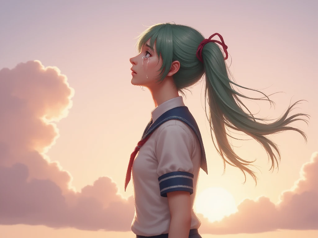 The picture is drawn in anime style. Hatsune Miku is crying with tears in eyes,  looking up, profile,twintails,very long hair,green hair,
sunset,summer,sky,cloud,school uniform,cowboy shot,standing, expressionless,
<lora:crying_with_tears_flux.safetensors:1.0>, 