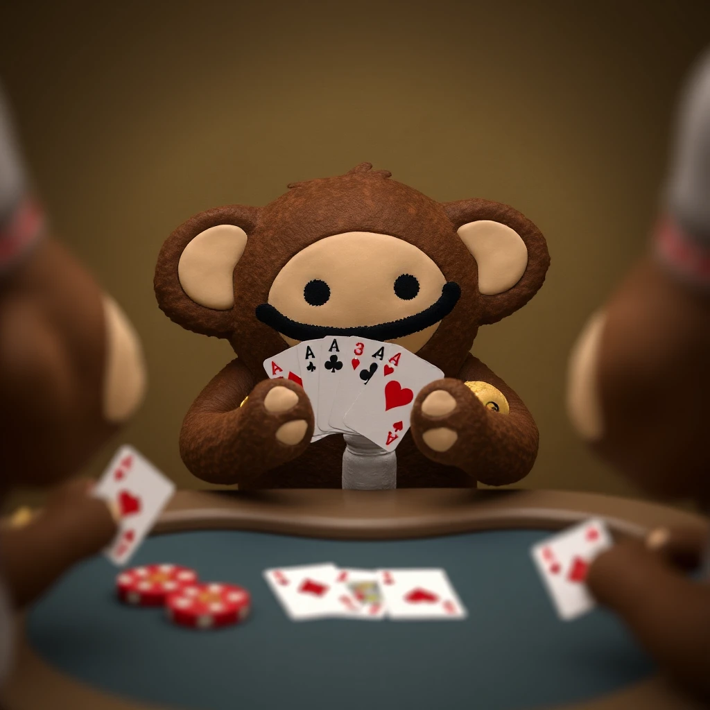 A monkey puppet plays poker with his monkey friends He did all in with a pair of 2 cards.