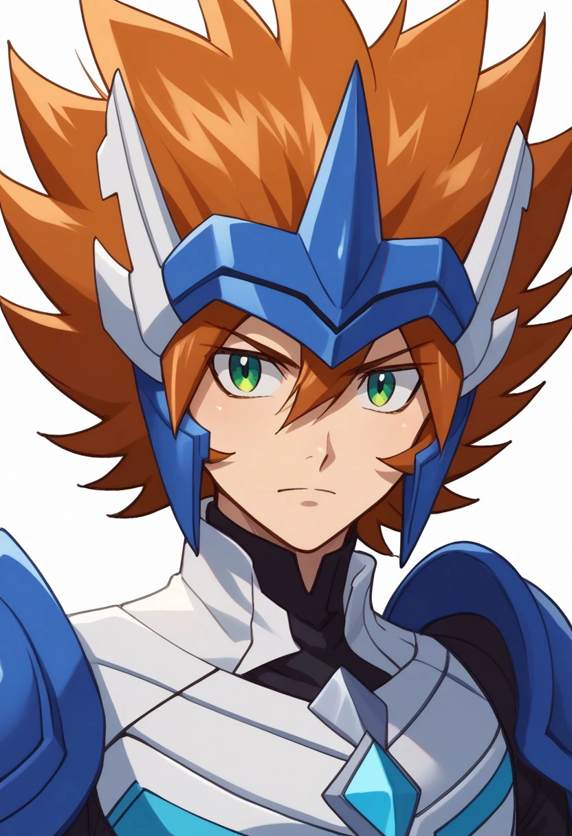 score_9, score_8_up, score_7_up, source_anime, highly detailed, 
shiren, solo, 1boy, male focus, green eyes, orange hair, looking at viewer, upper body, 
gaist blue armor,