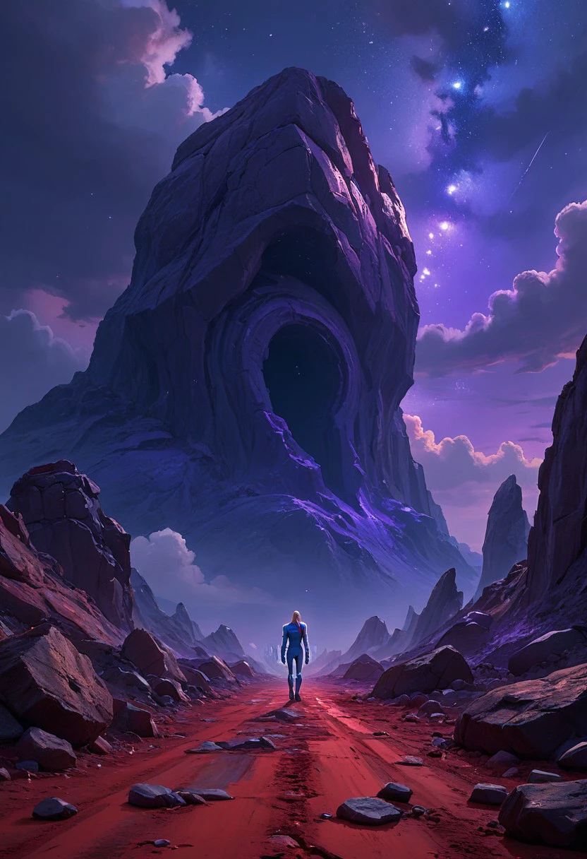 score_9, score_8_up, score_7_up, score_6_up, flux-scenery-pny, Samus Aran, cowboy shot, rocky ground, red ground, purple night sky, barren landscape, science fiction, sci-fi